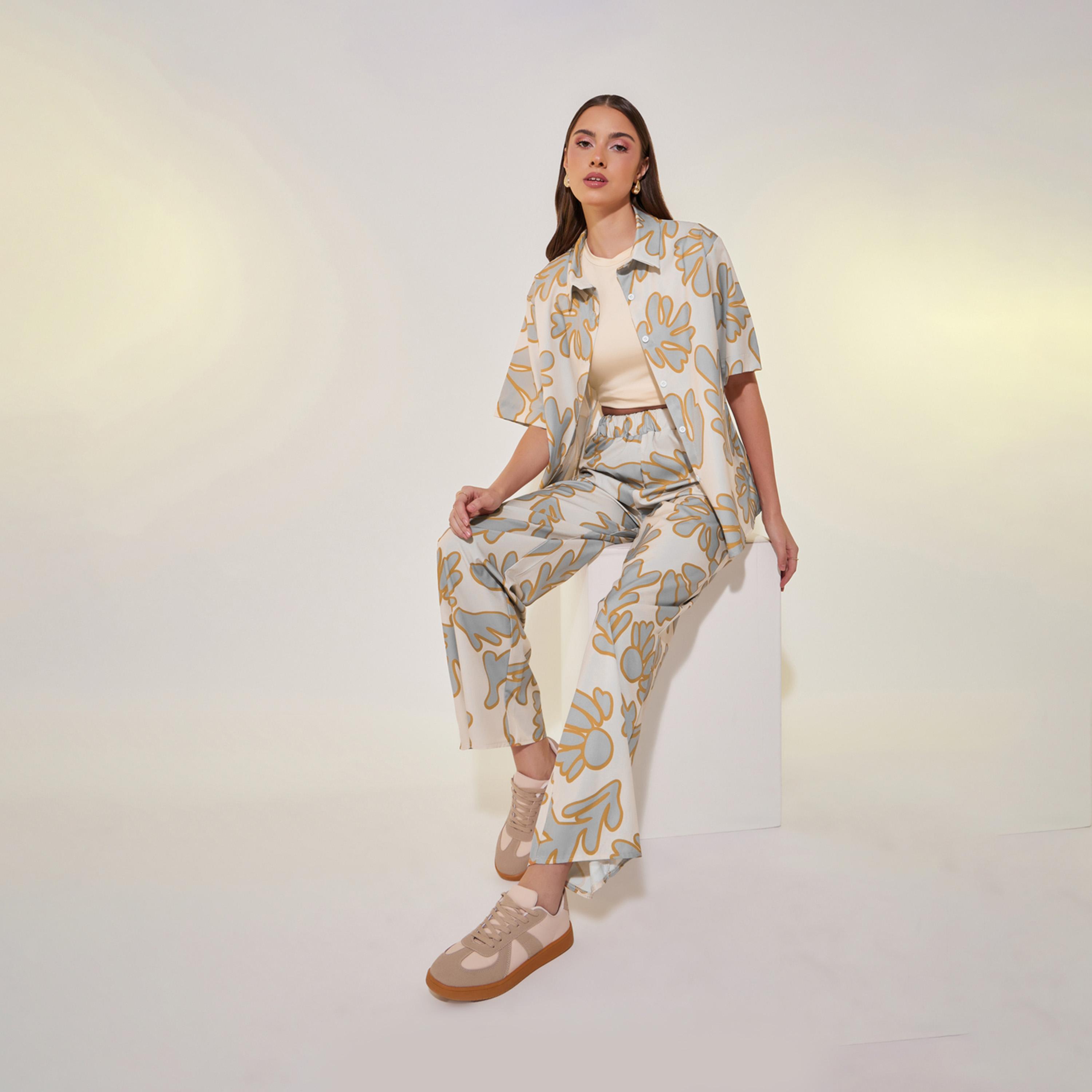 Take Two Floral Print Short Sleeve Shirt and Relaxed Fit Pants Co-Ords-women-clothing-coordsets-image-1