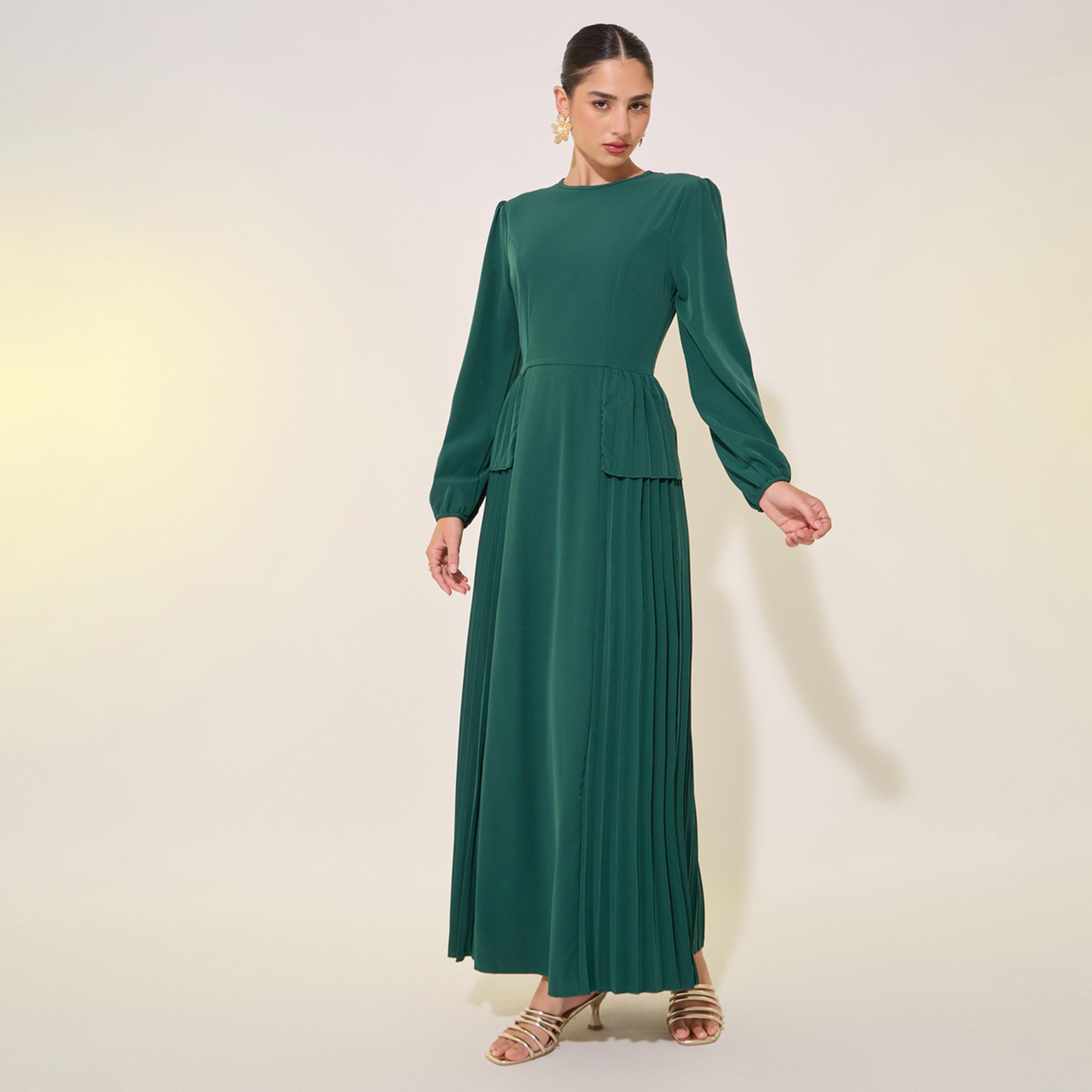 Take Two Solid Round Neck Balloon Sleeve Pleated Maxi Dress-women-clothing-dresses-image-1