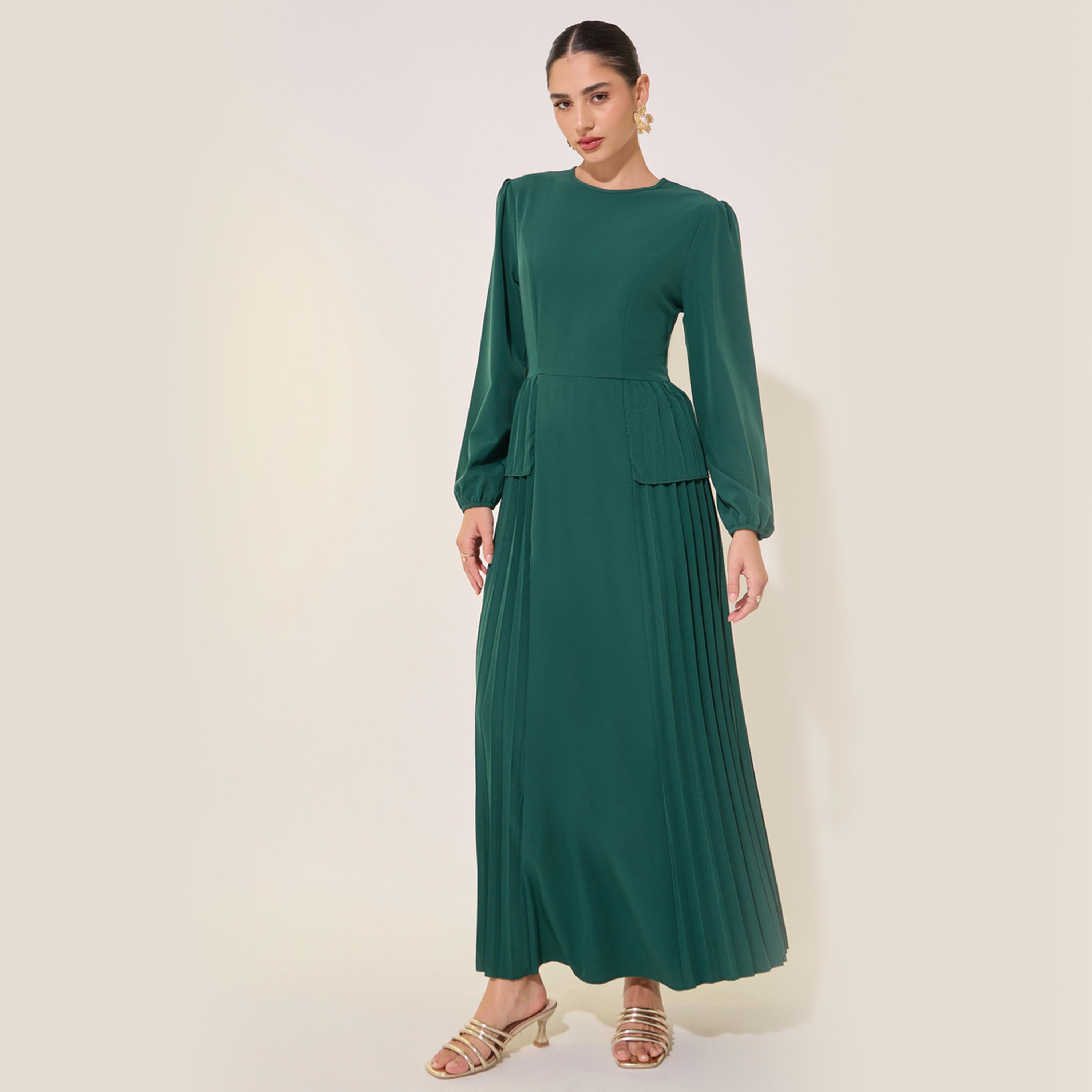 Take Two Solid Round Neck Balloon Sleeve Pleated Maxi Dress-women-clothing-dresses-image-2