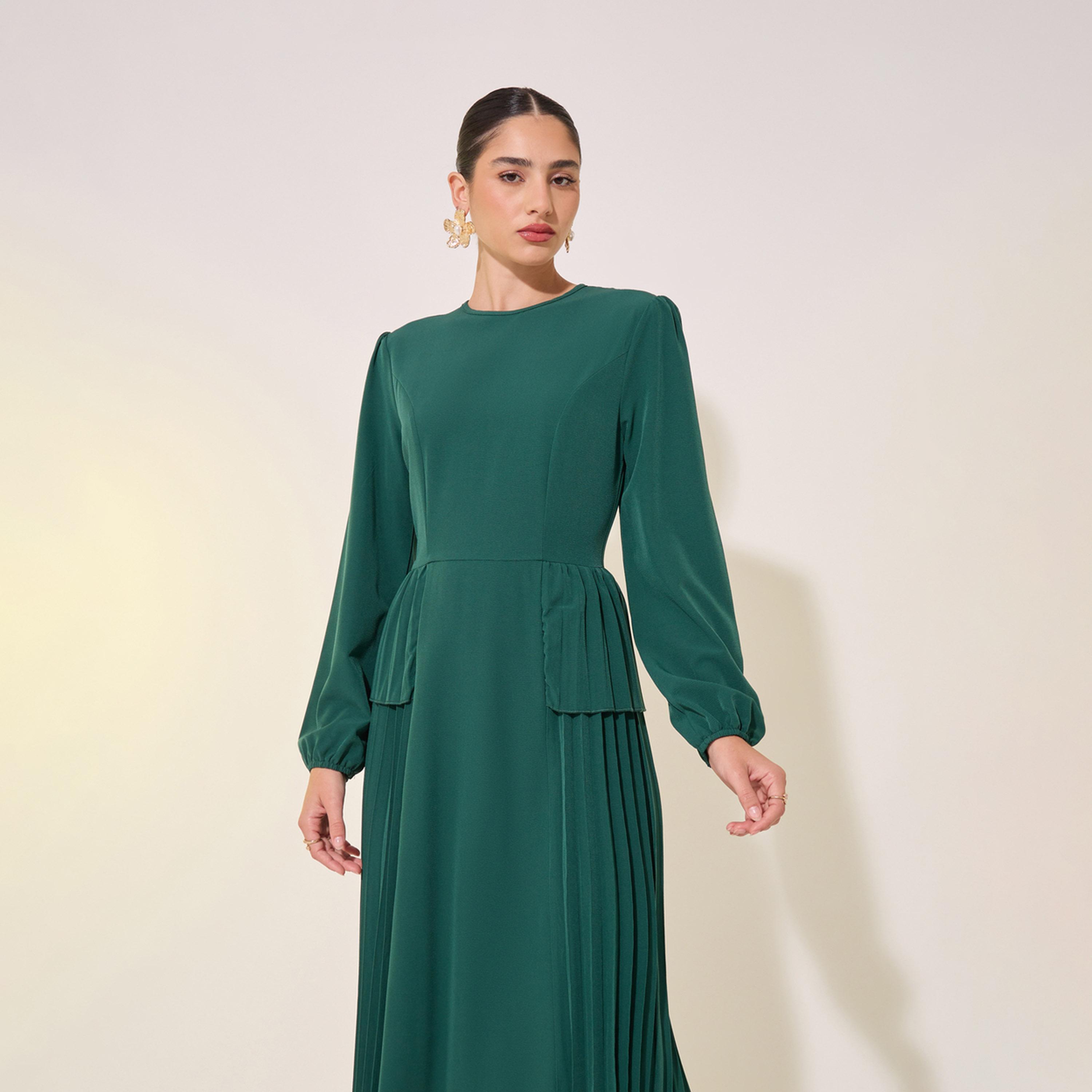 فستان طويل سادة بياقة دائرية وأكمام بالون-women-clothing-dresses-image-3