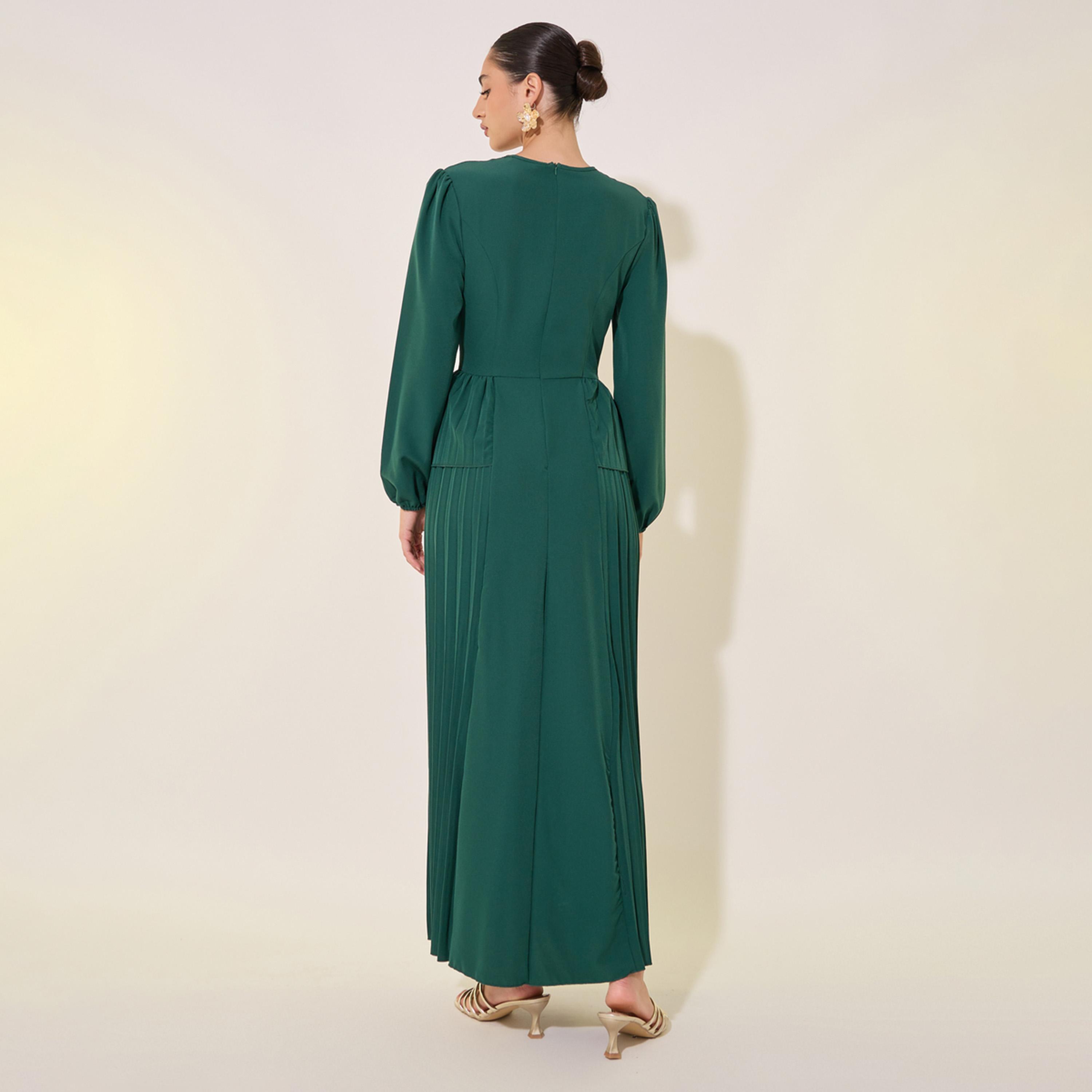 فستان طويل سادة بياقة دائرية وأكمام بالون-women-clothing-dresses-image-5