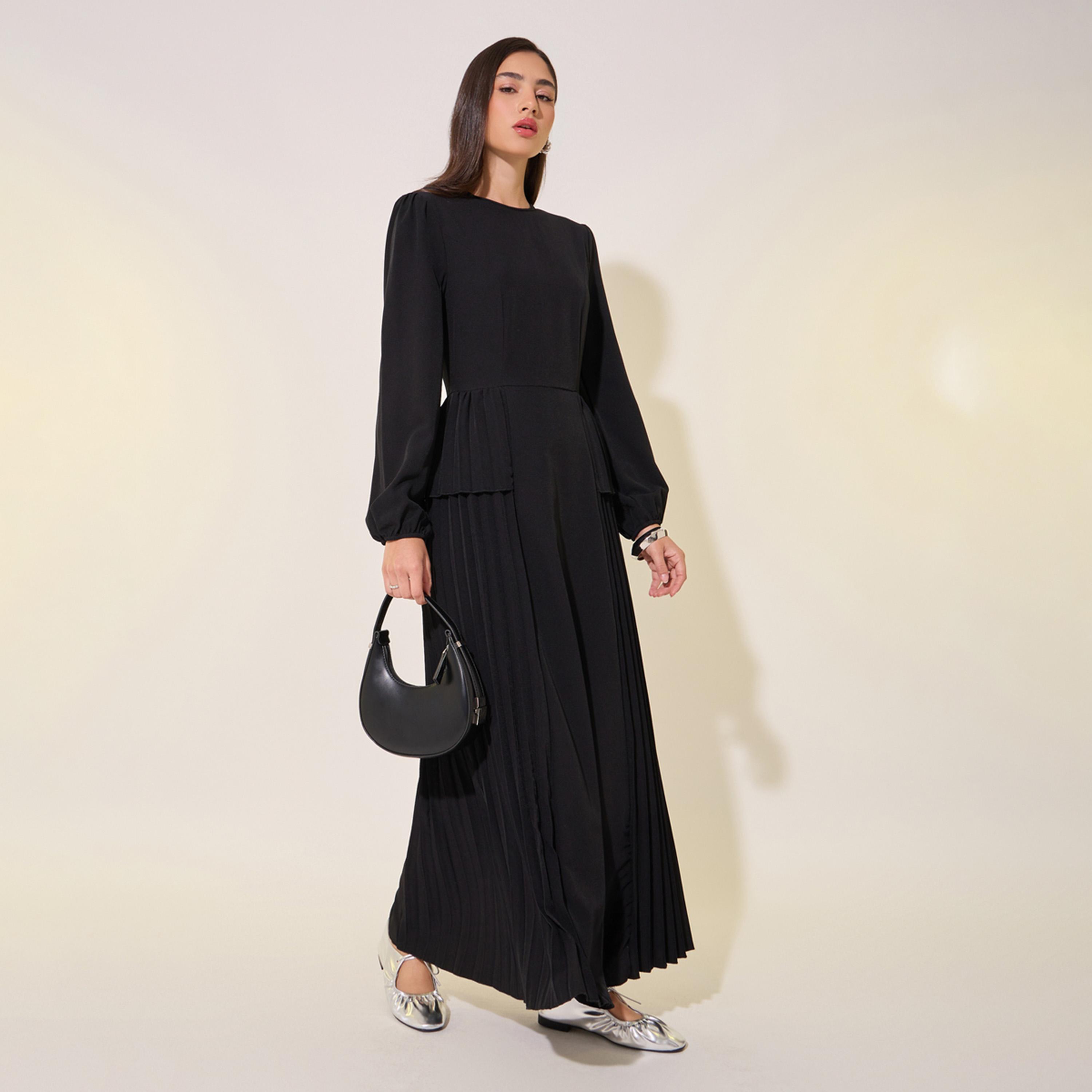 Take Two Solid Round Neck Balloon Sleeve Pleated Maxi Dress-women-clothing-dresses-image-1