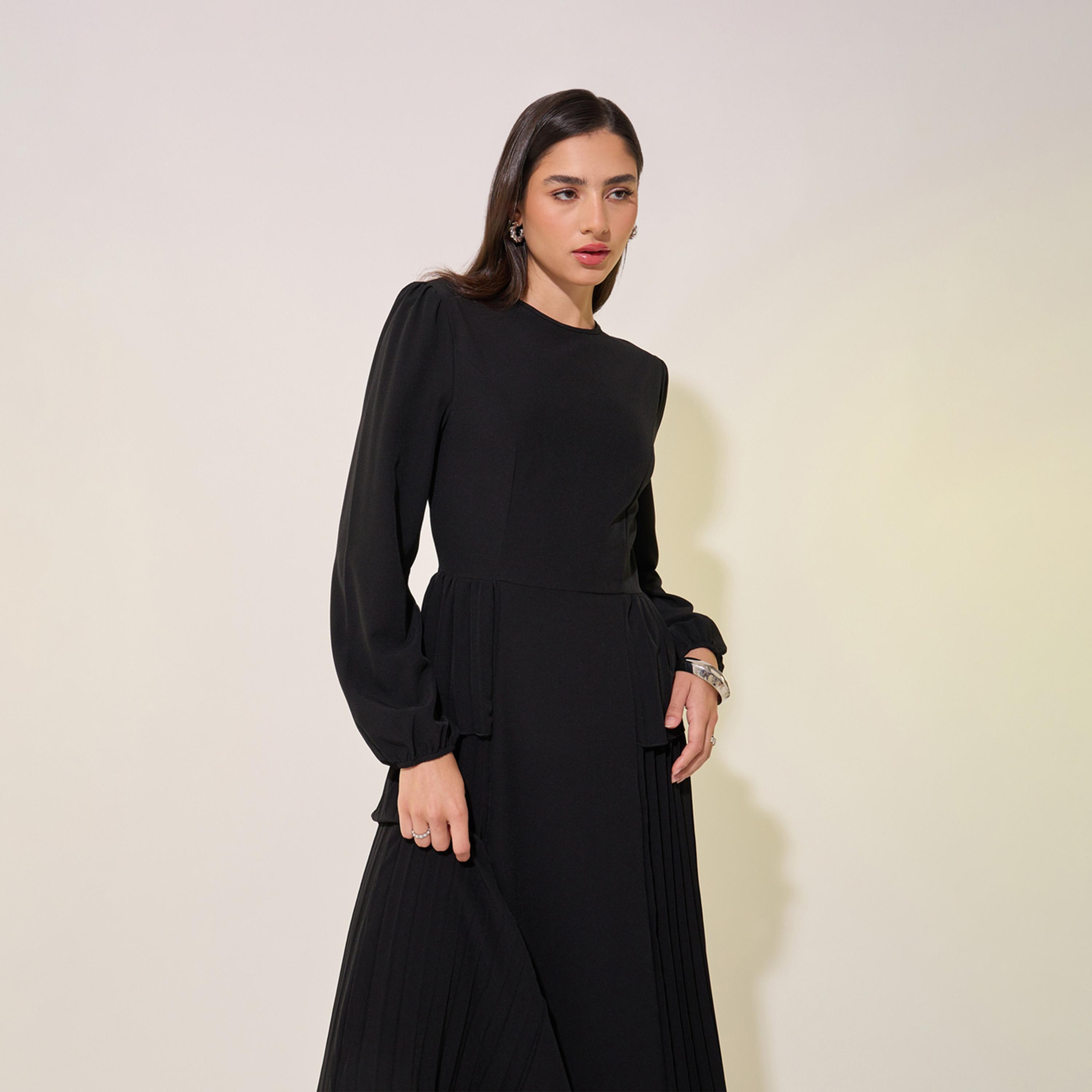 Take Two Solid Round Neck Balloon Sleeve Pleated Maxi Dress-women-clothing-dresses-image-3