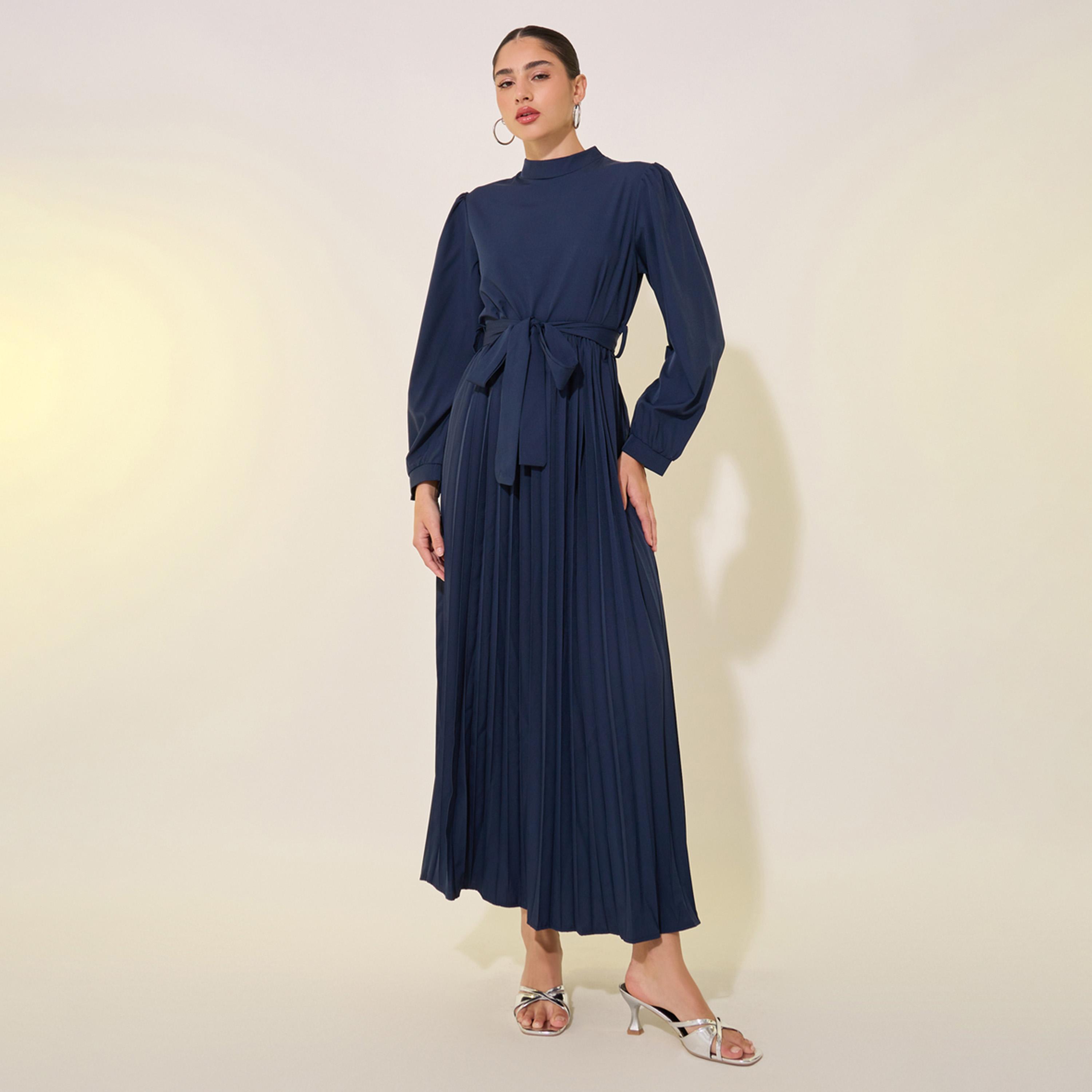 فستان طويل سادة بياقة عالية وأكمام طويلة-women-clothing-dresses-image-1