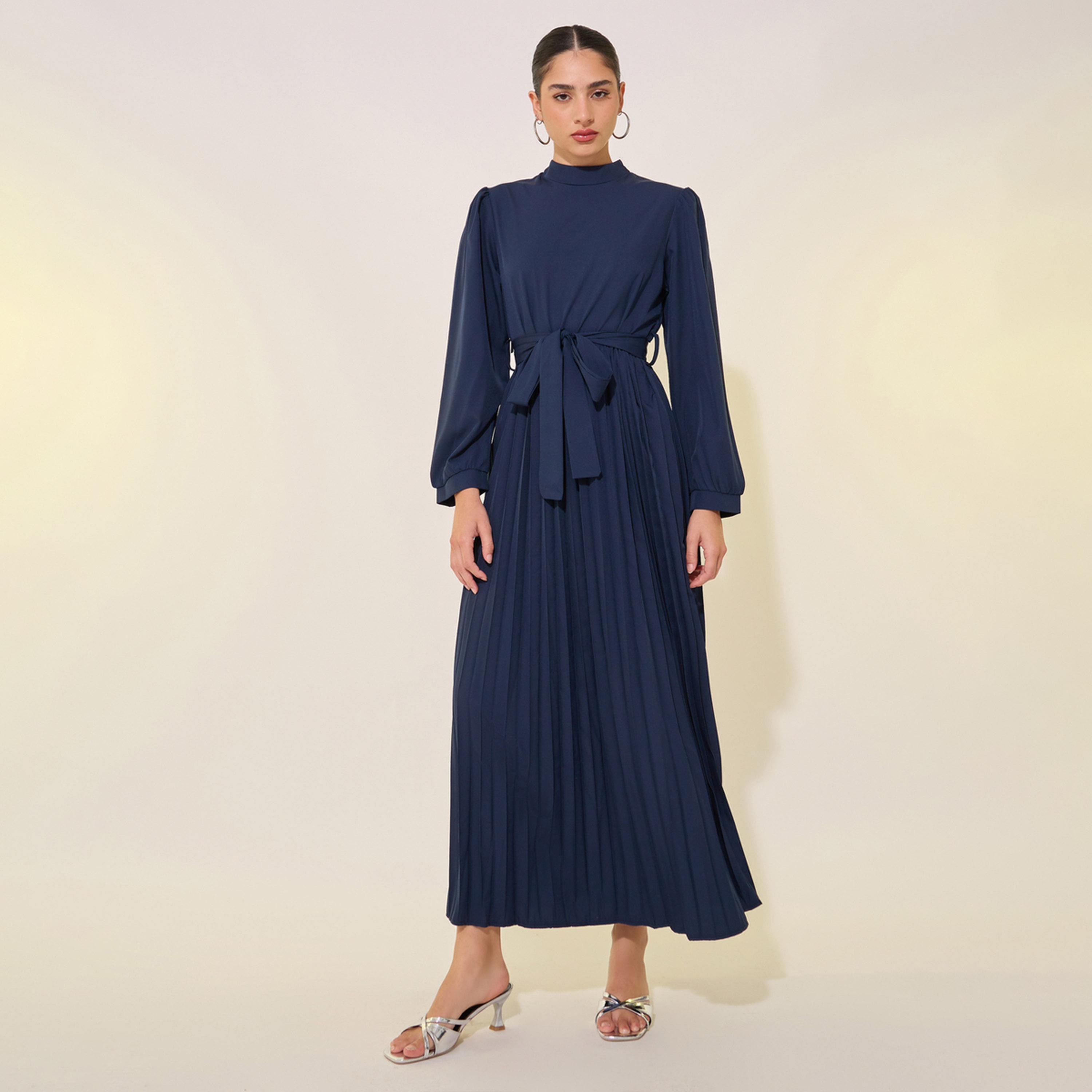 فستان طويل سادة بياقة عالية وأكمام طويلة-women-clothing-dresses-image-2