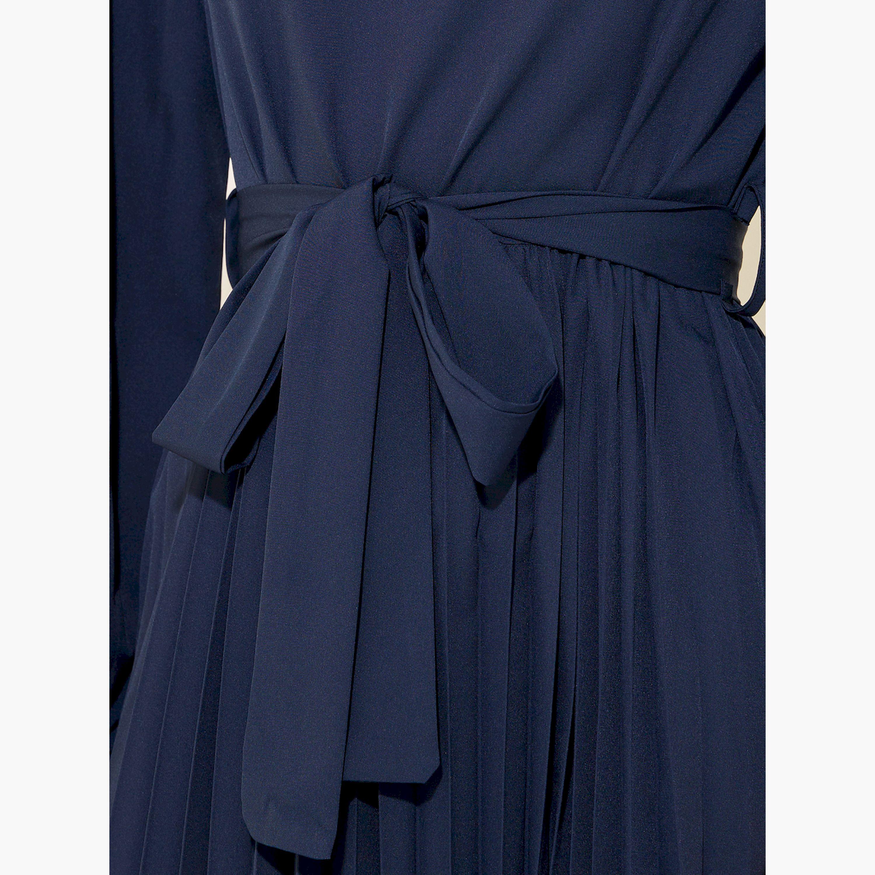 Take Two Solid High Neck Long Sleeve Pleated Waist Tie-Up Maxi Dress-women-clothing-dresses-image-4
