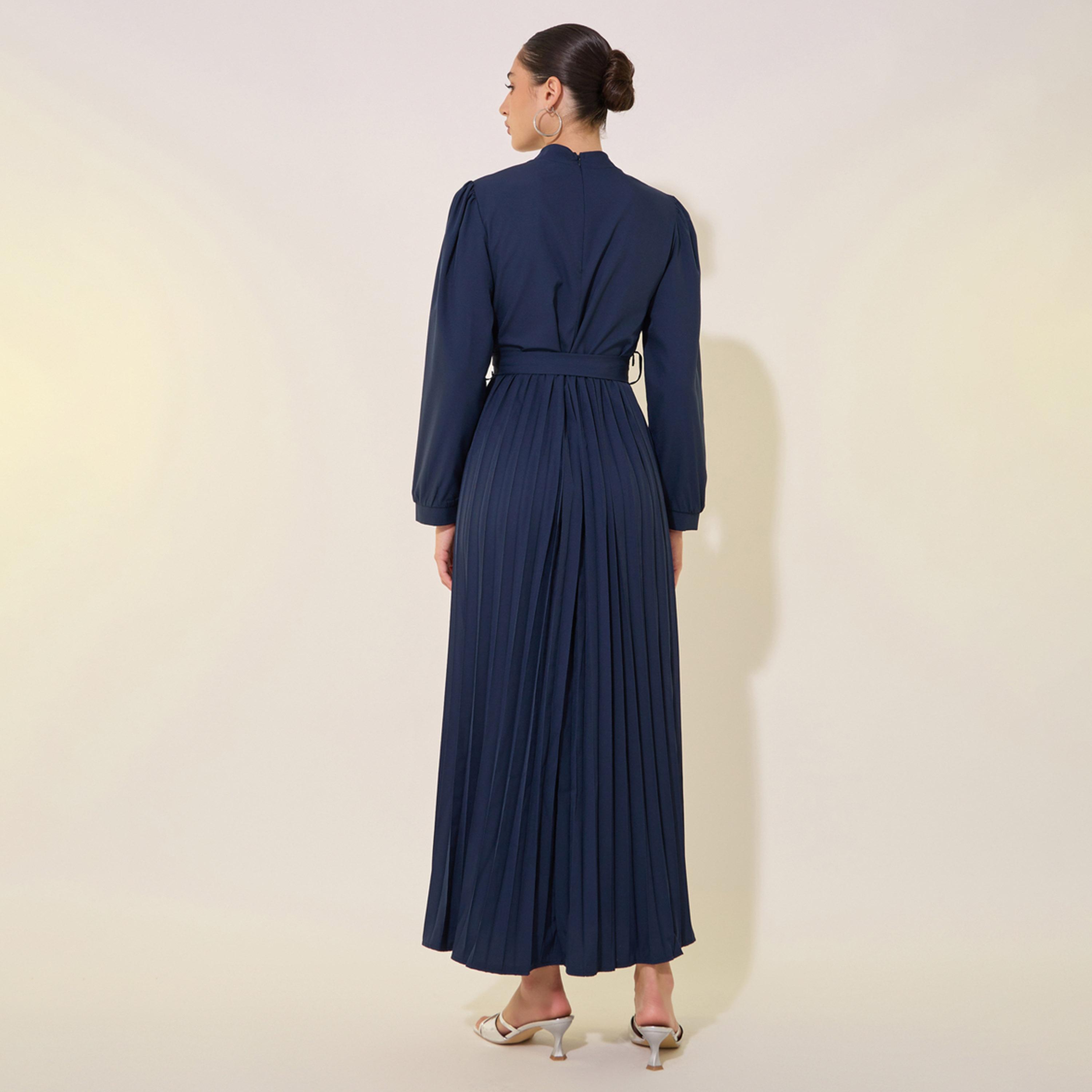 Take Two Solid High Neck Long Sleeve Pleated Waist Tie-Up Maxi Dress-women-clothing-dresses-image-5