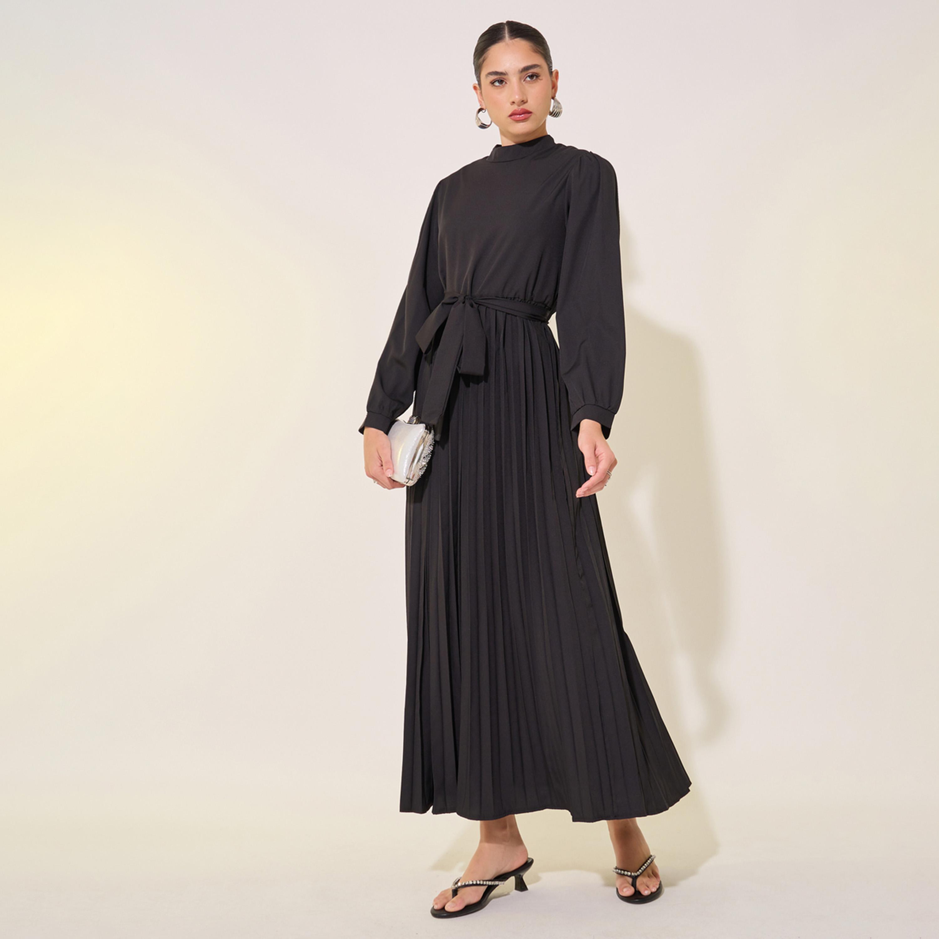 فستان طويل سادة بياقة عالية وأكمام طويلة-women-clothing-dresses-image-1