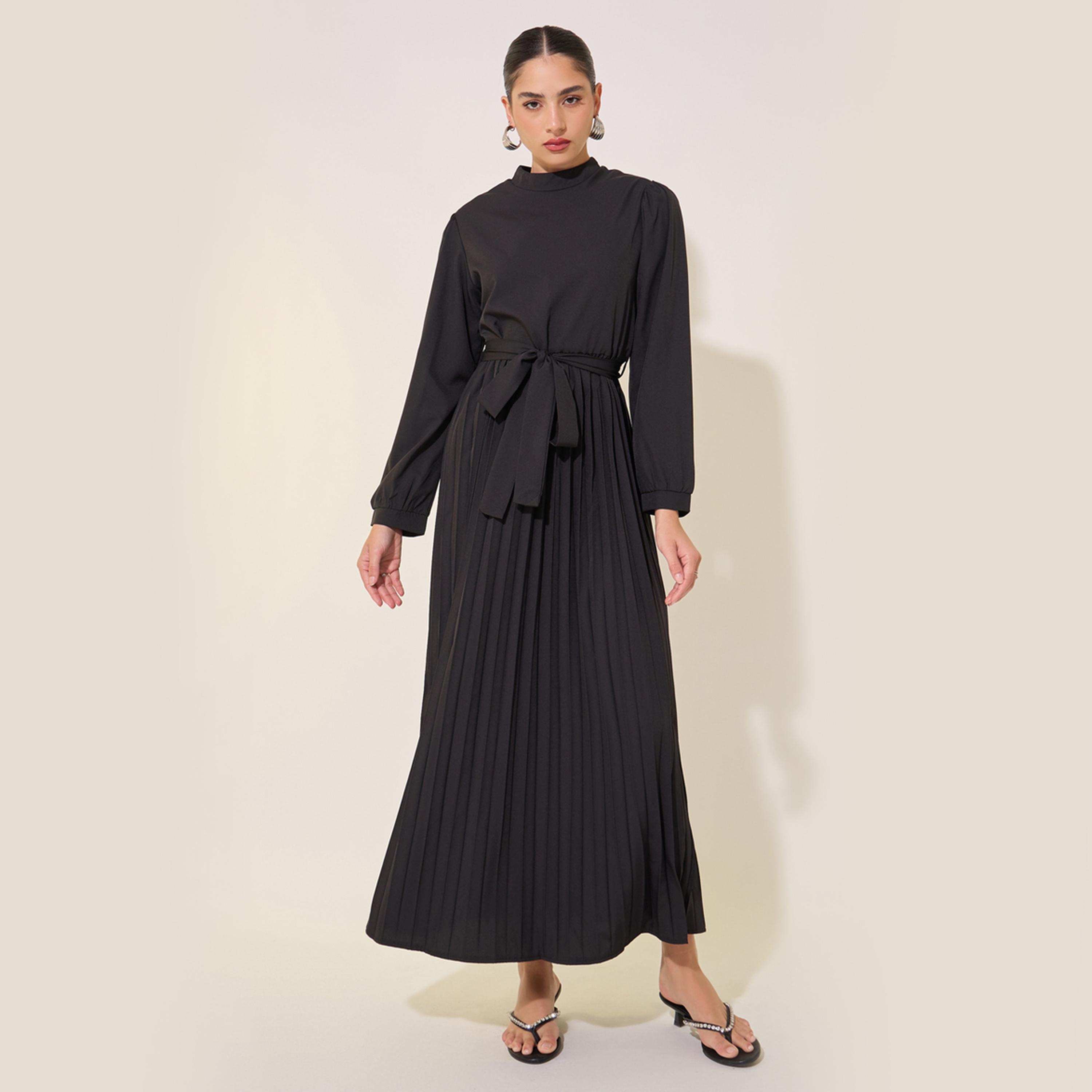 Take Two Solid High Neck Long Sleeve Pleated Waist Tie Maxi Dress-women-clothing-dresses-image-2