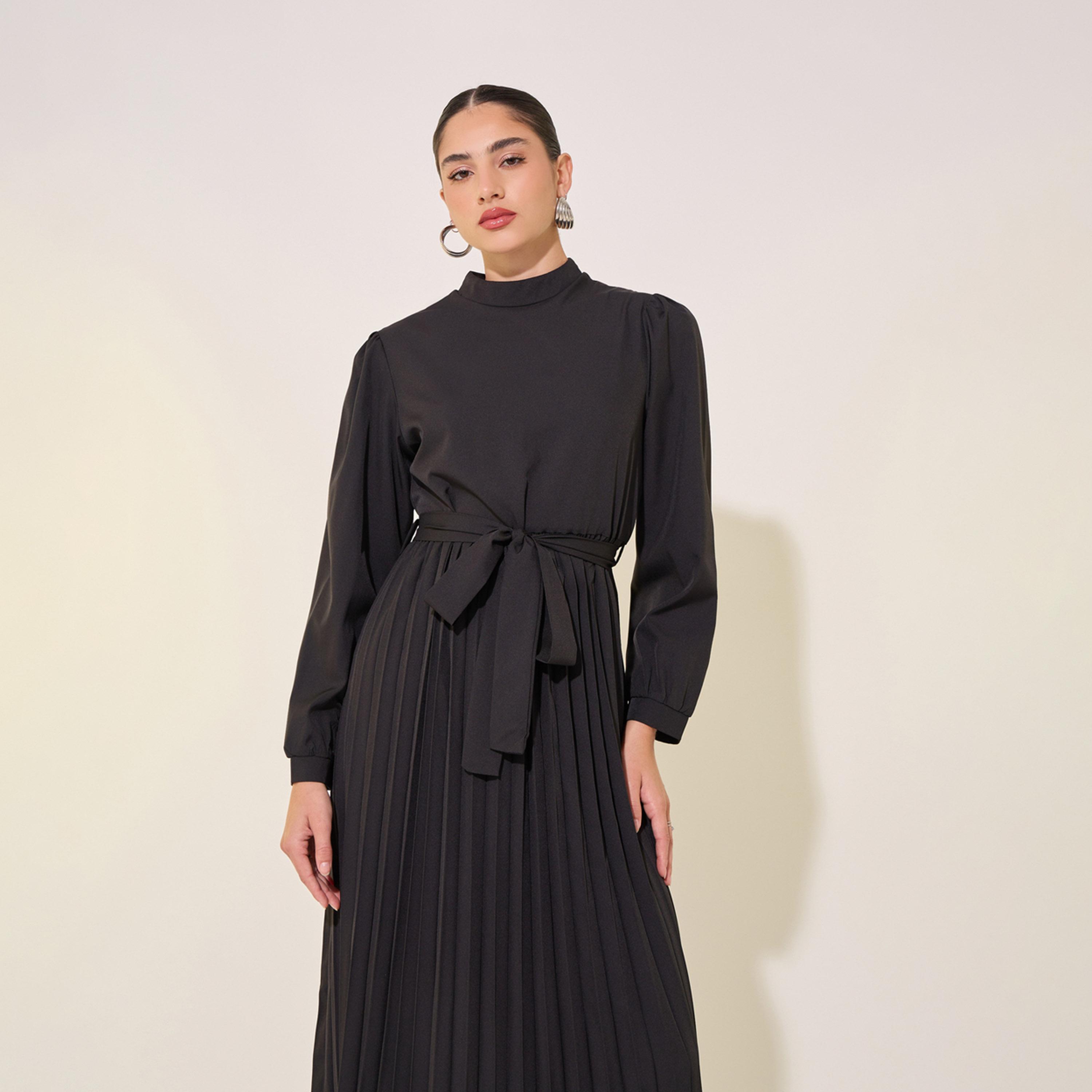 فستان طويل سادة بياقة عالية وأكمام طويلة-women-clothing-dresses-image-3