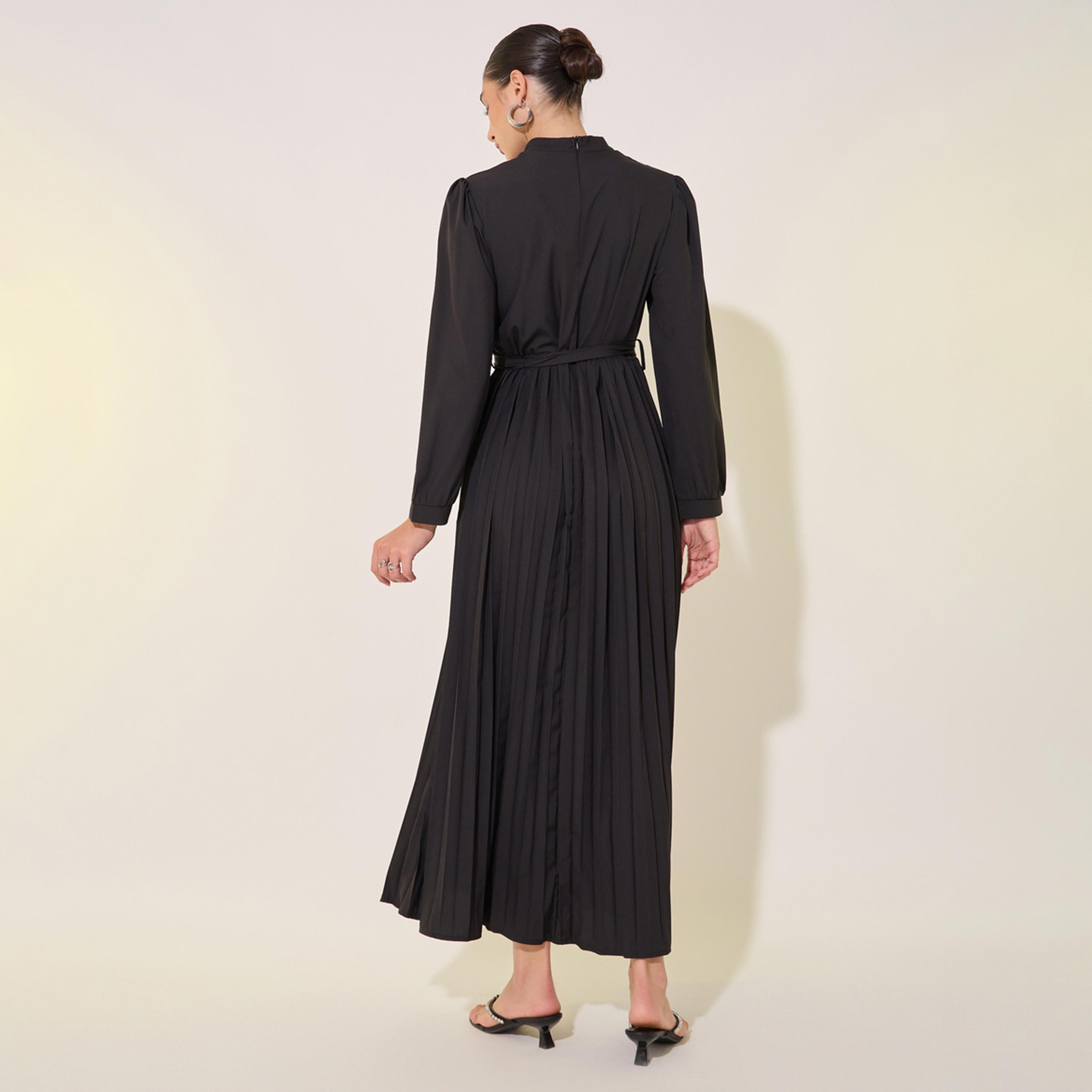 Take Two Solid High Neck Long Sleeve Pleated Waist Tie Maxi Dress-women-clothing-dresses-image-5