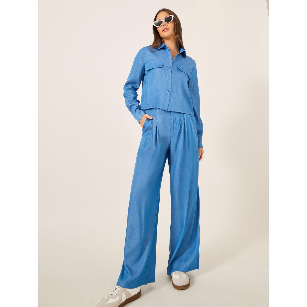 طقم منسق من بنطال بخصر بيبر باغ وبلوزة بأكمام طويلة-women-clothing-coordsets-image-1