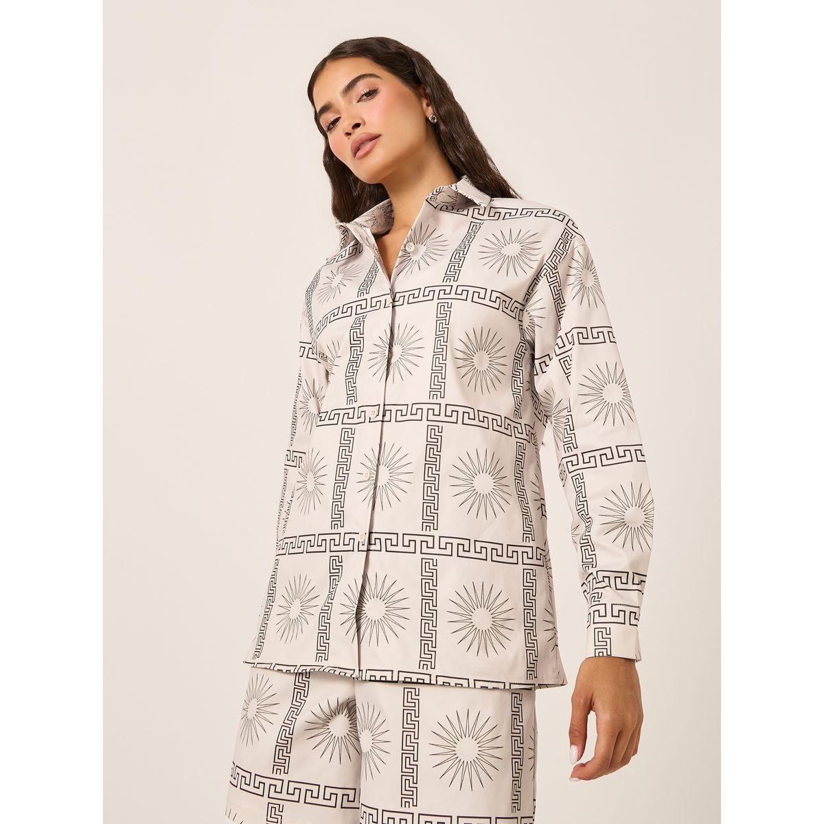 طقم منسق من شورت وبلوزة مطبعة بالكامل مع أكمام طويلة-women-clothing-coordsets-image-3