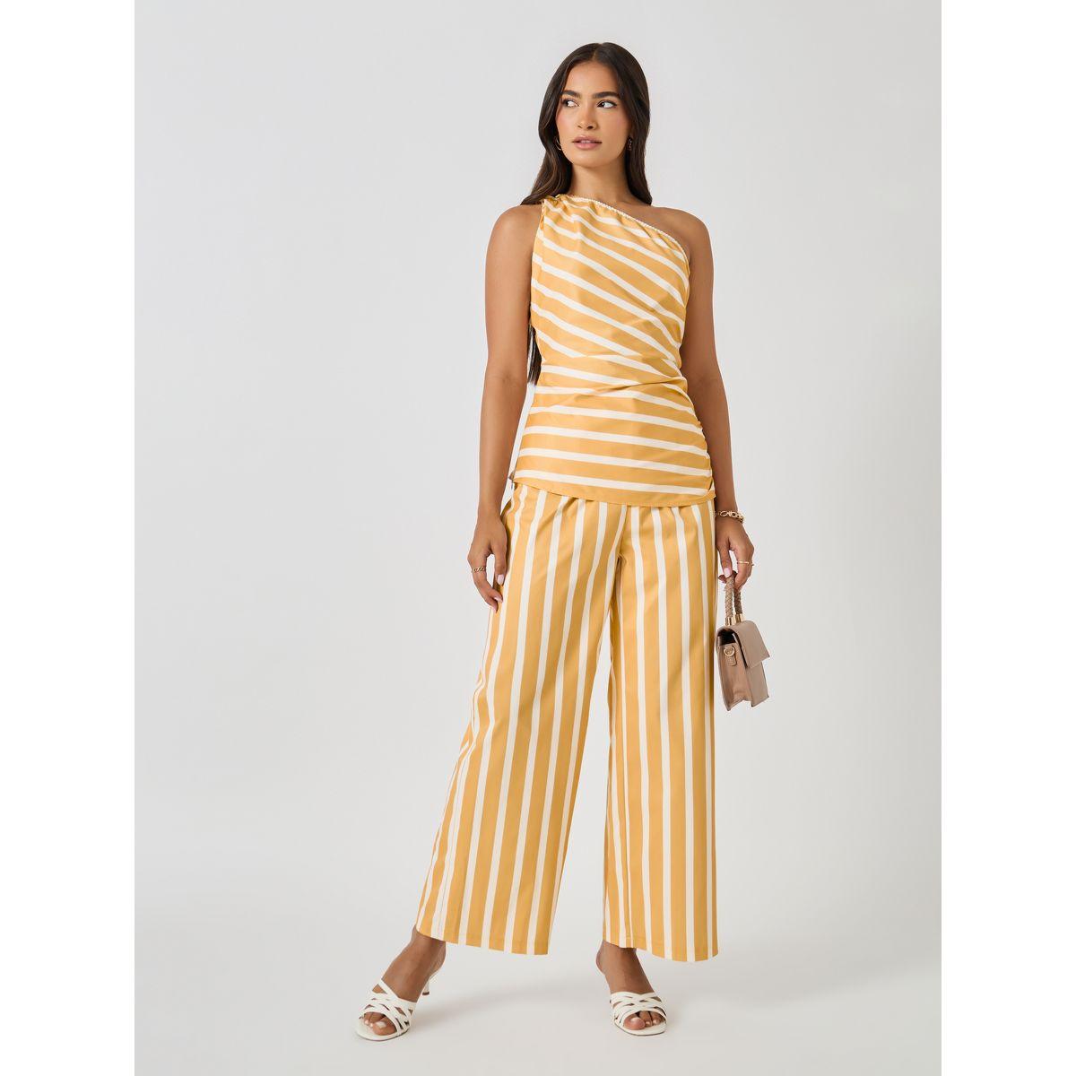 Styli Striped One Shoulder Neck Top and Wide Leg Pants Co-Ords-women-clothing-coordsets-image-1