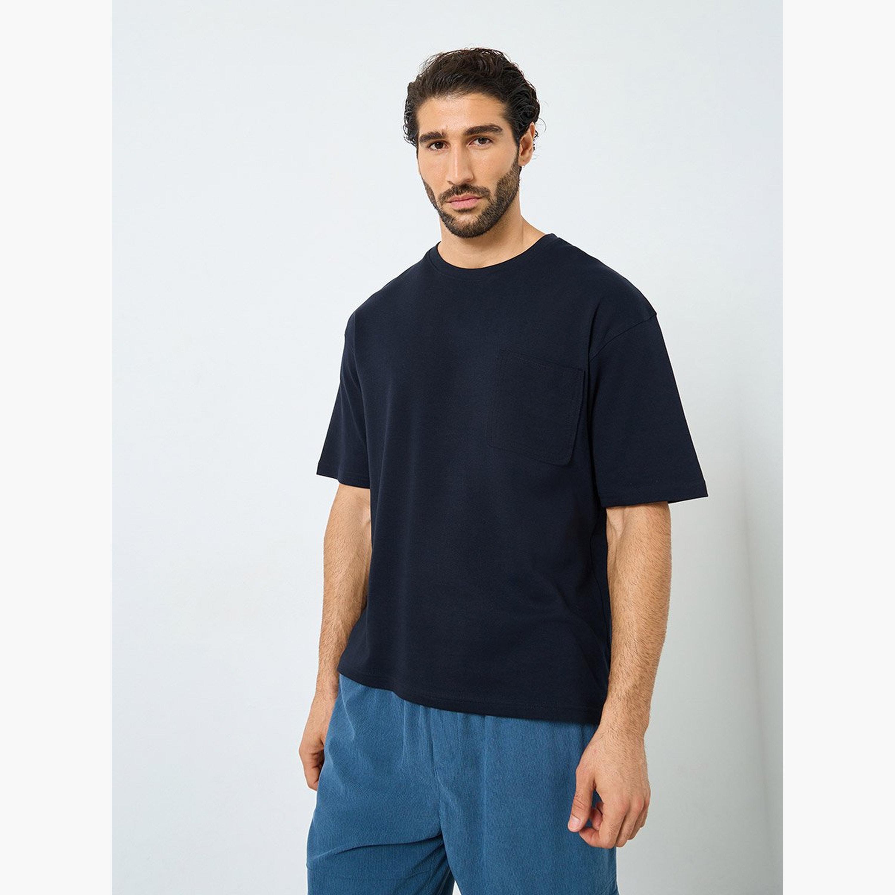 Styli Men Dark Blue Interlock Oversized T-Shirt with Pocket-men-clothing-tshirtsandpolos-tshirts-image-1