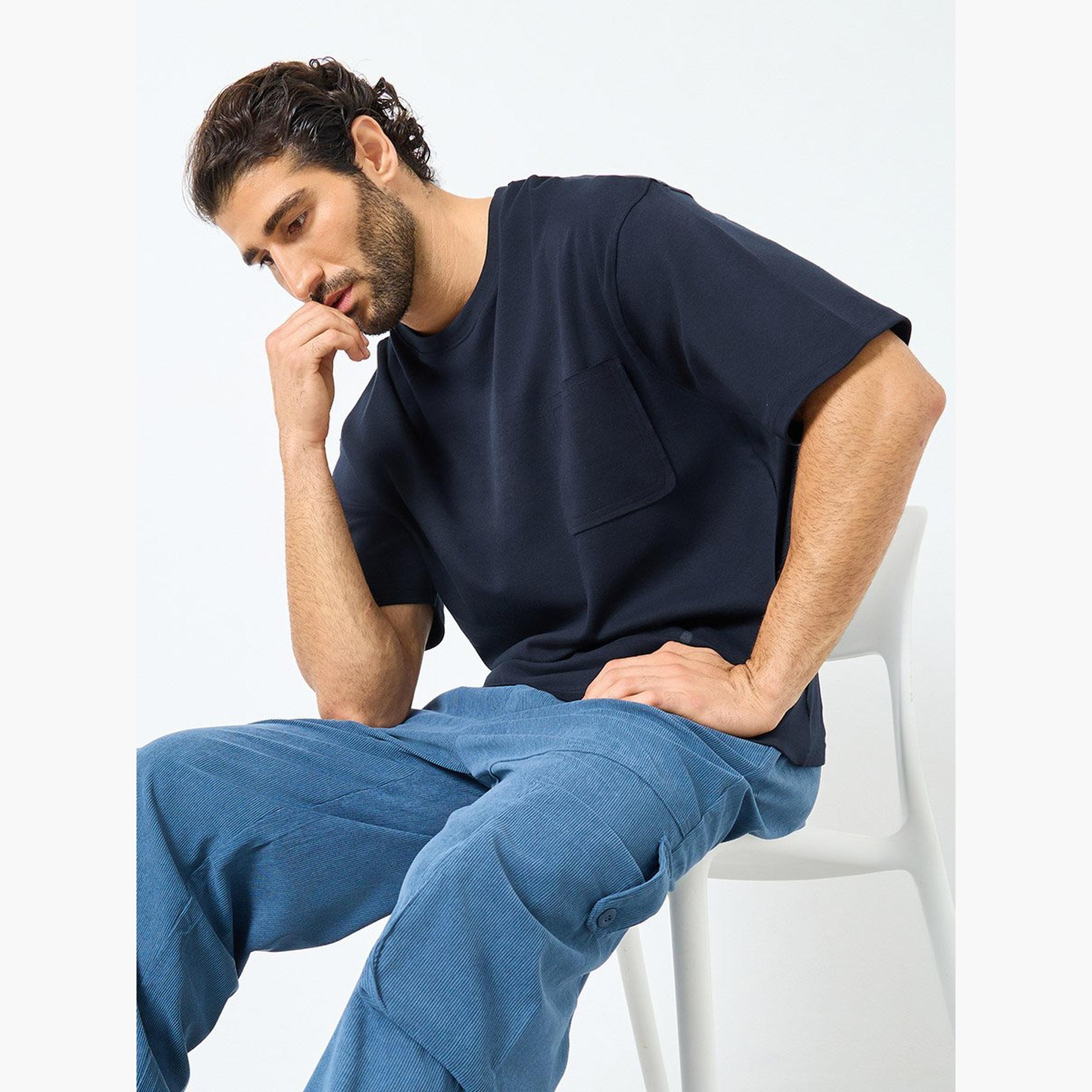 Styli Men Dark Blue Interlock Oversized T-Shirt with Pocket-men-clothing-tshirtsandpolos-tshirts-image-2