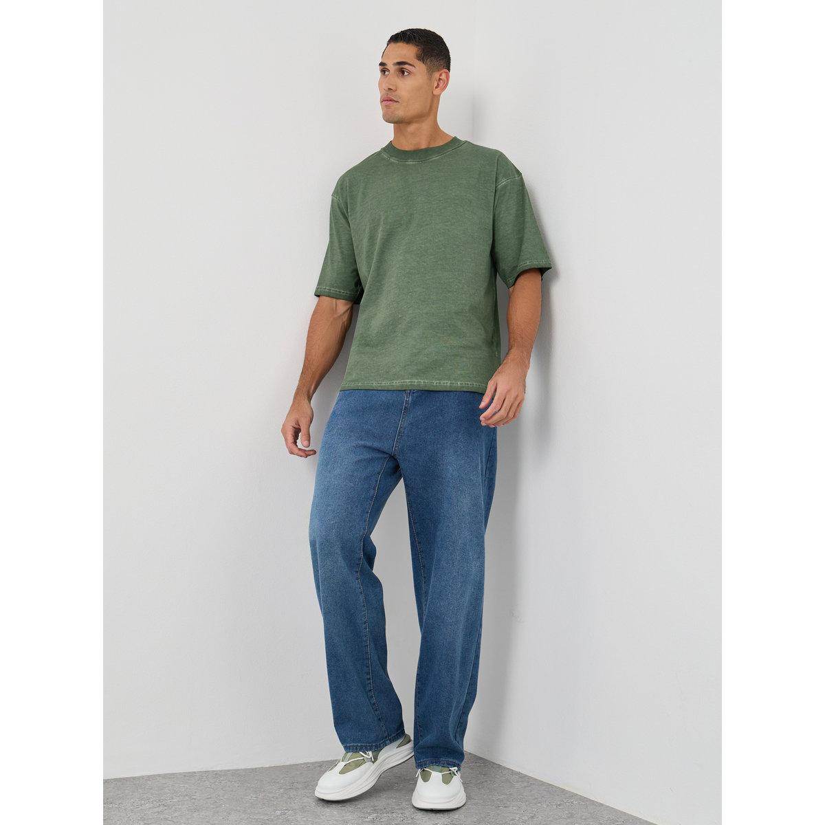 Styli Green Mock Neck Washed Heavy Jersey T-Shirt-men-clothing-tshirtsandpolos-tshirts-image-2