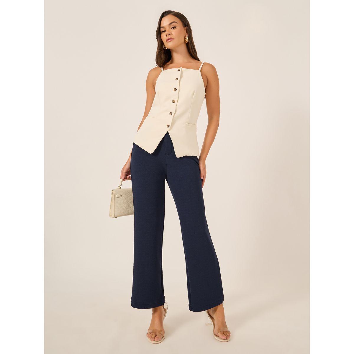 Styli Solid Flat Front Low Rise Flared Pants-women-clothing-bottoms-trousers-image-1