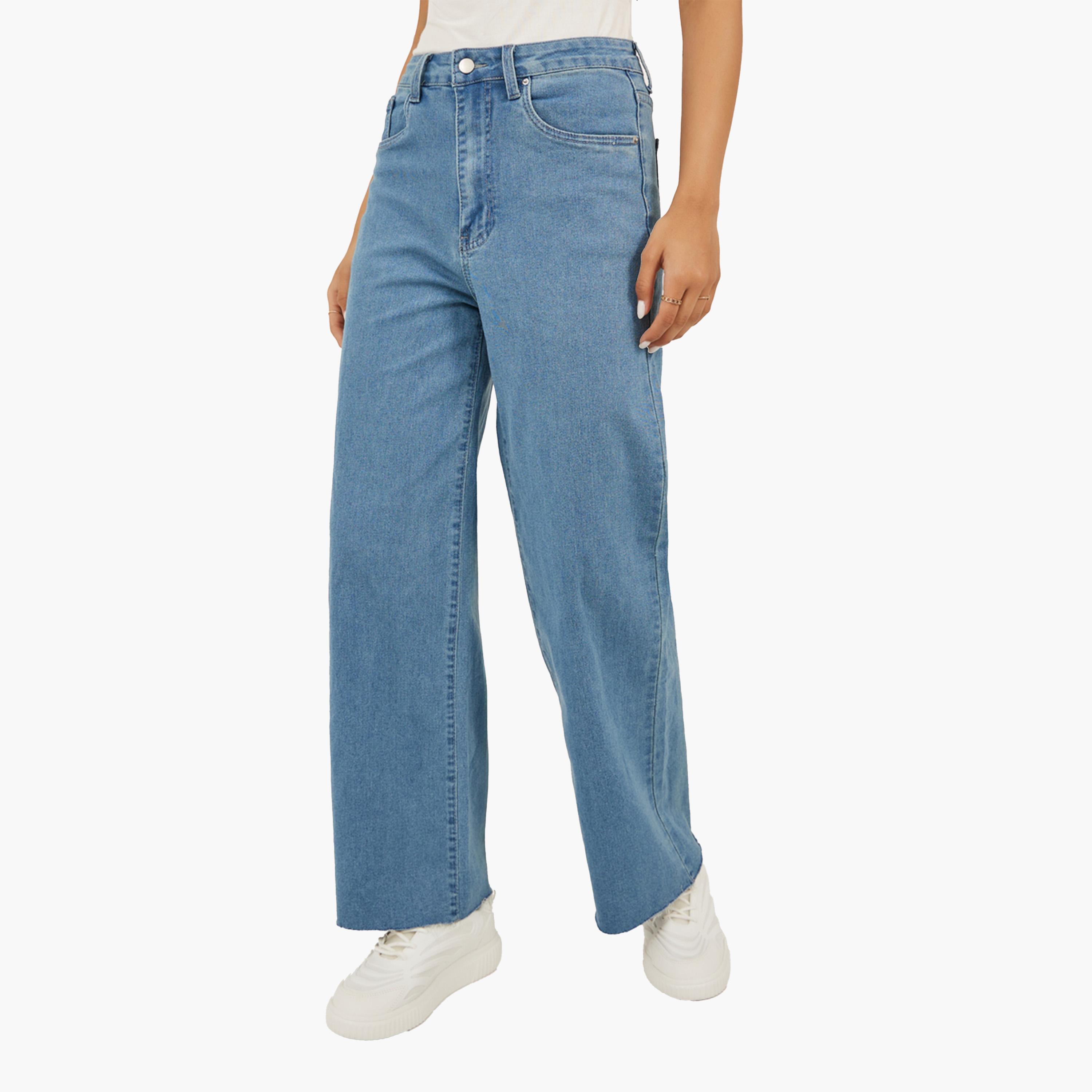 ستايلي-  بنطال جينز بقصة مستقيمة وخصر مرتفع وتفاصيل برشام-women-clothing-bottoms-jeans-image-1