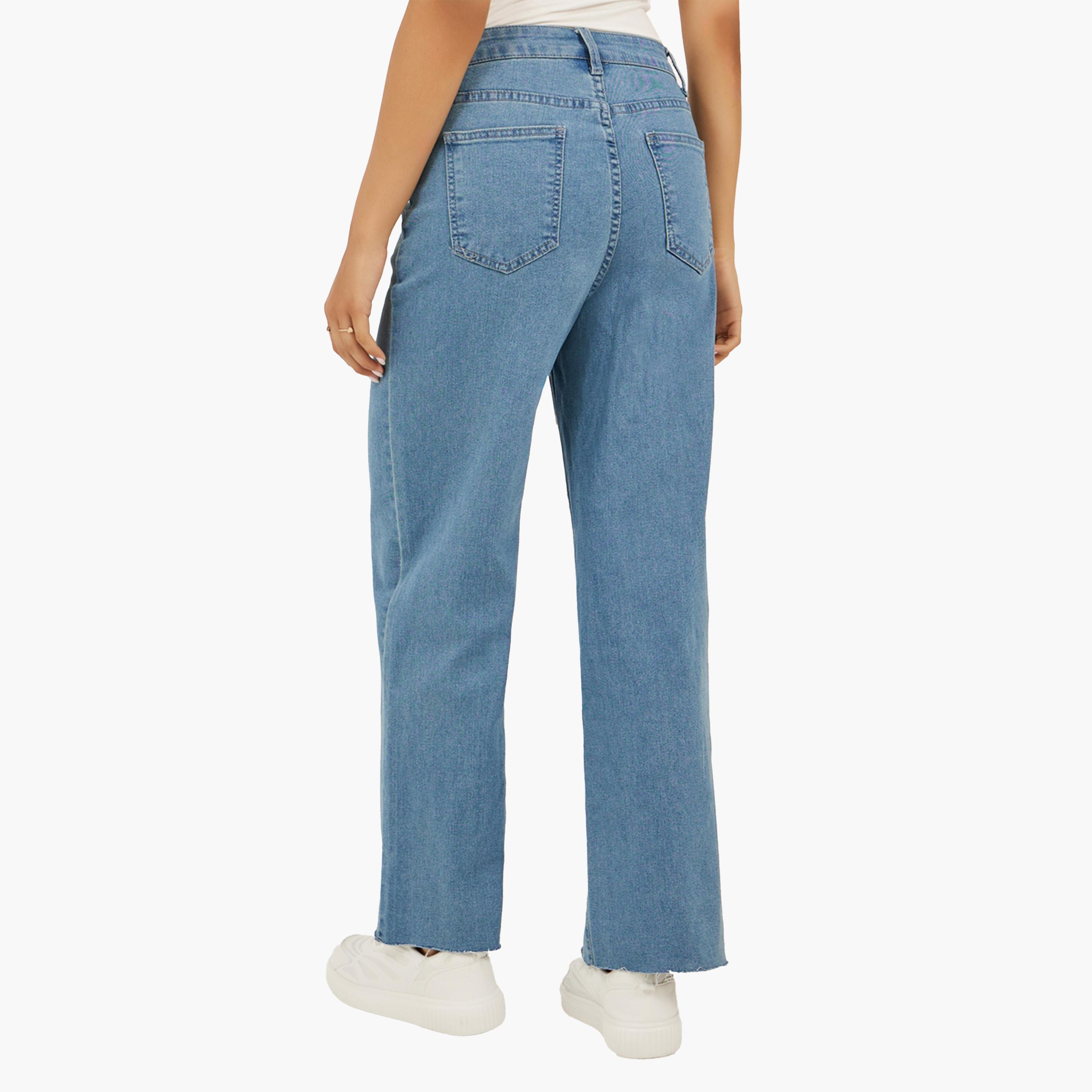 ستايلي-  بنطال جينز بقصة مستقيمة وخصر مرتفع وتفاصيل برشام-women-clothing-bottoms-jeans-image-4