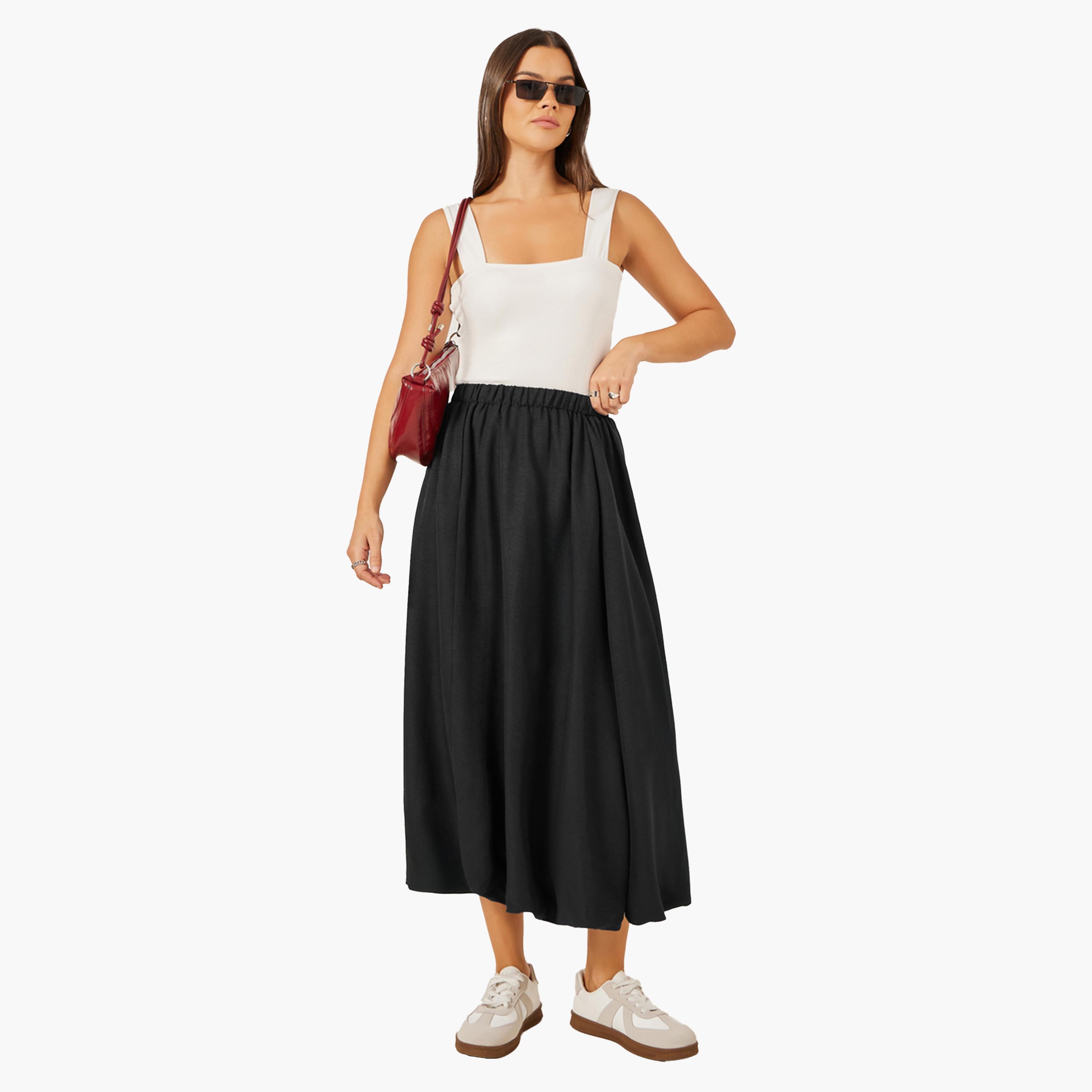 ستايلي - تنورة ميدي بالون سادة بحزام خصر مطاطي - وردي-women-clothing-bottoms-skirts-image-2