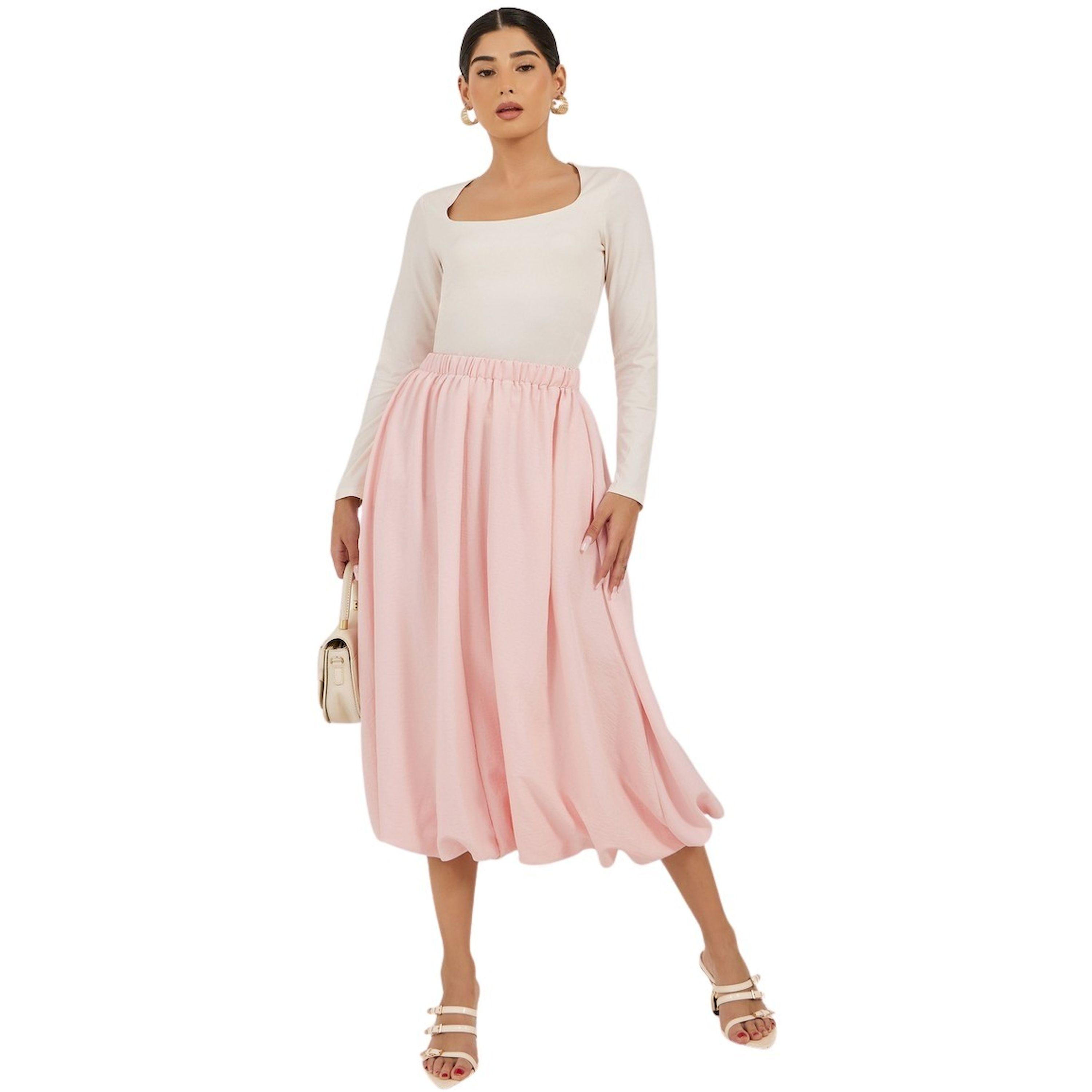 Styli Pink Solid Balloon Midi Skirt with Elastic Waistband-women-clothing-bottoms-skirts-image-1