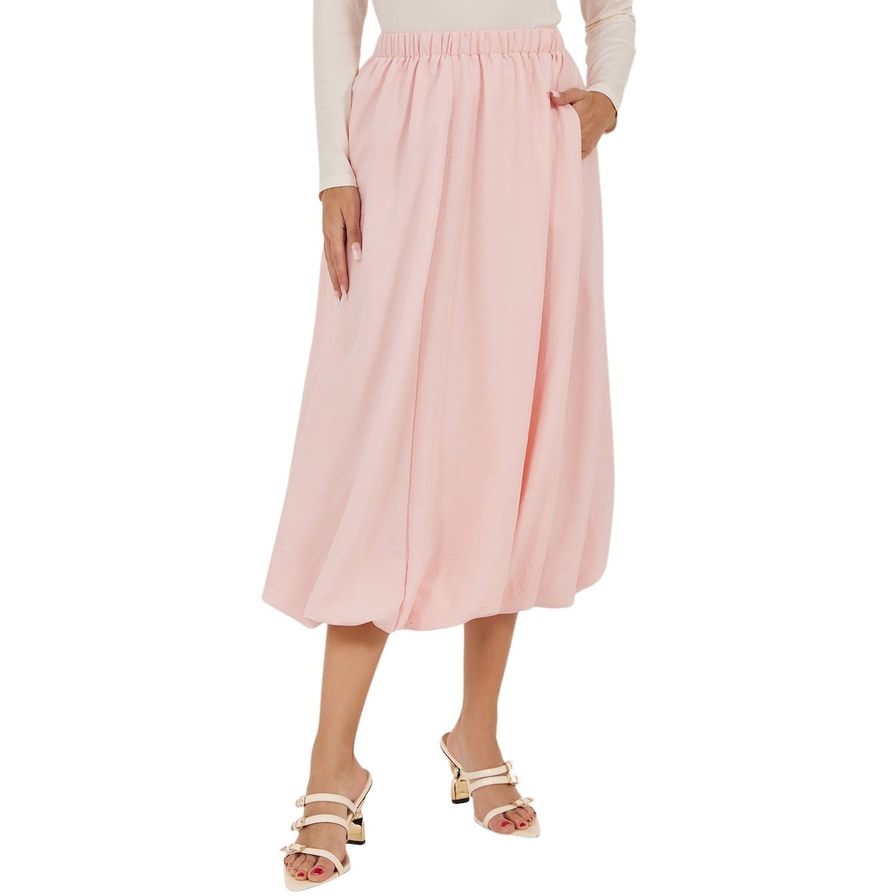 Styli Pink Solid Balloon Midi Skirt with Elastic Waistband-women-clothing-bottoms-skirts-image-2
