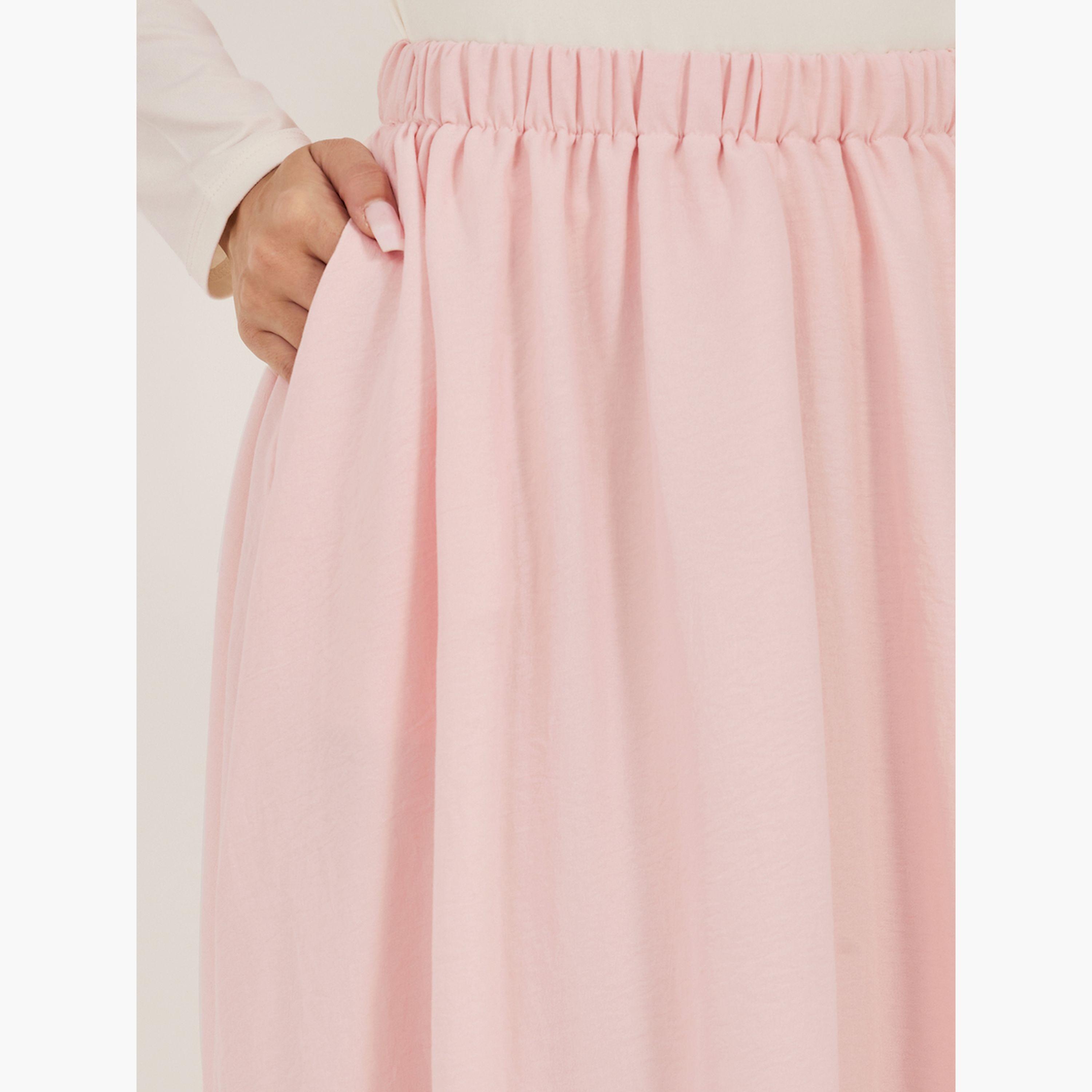 Styli Pink Solid Balloon Midi Skirt with Elastic Waistband-women-clothing-bottoms-skirts-image-3