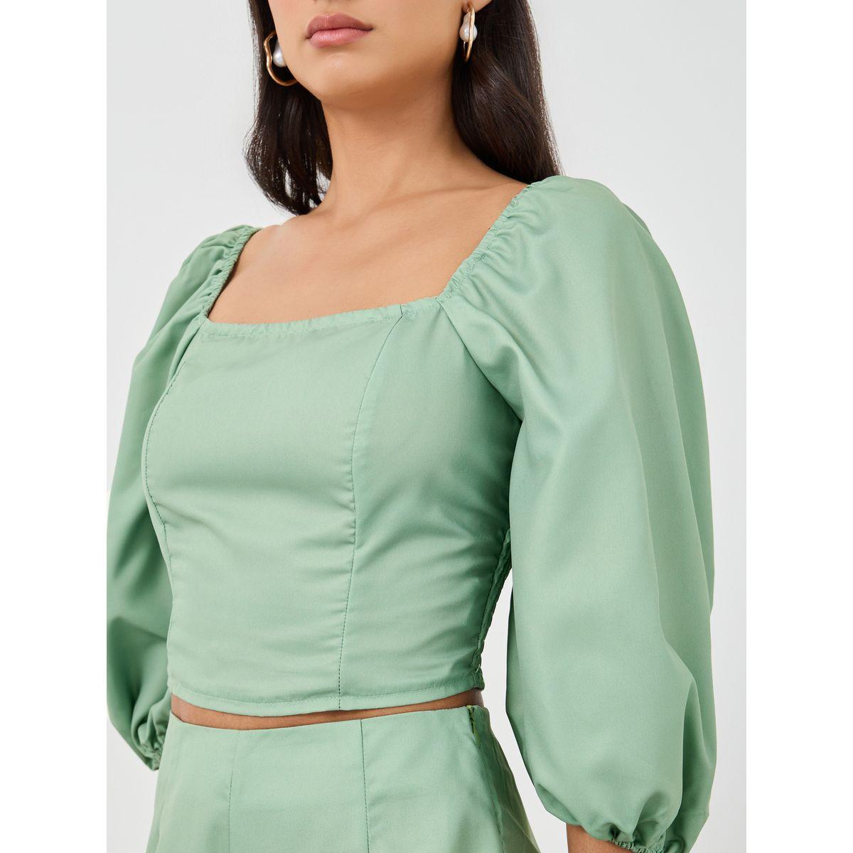 طقم منسق من بنطال وبلوزة كروب بأكمام بالون-women-clothing-coordsets-image-3