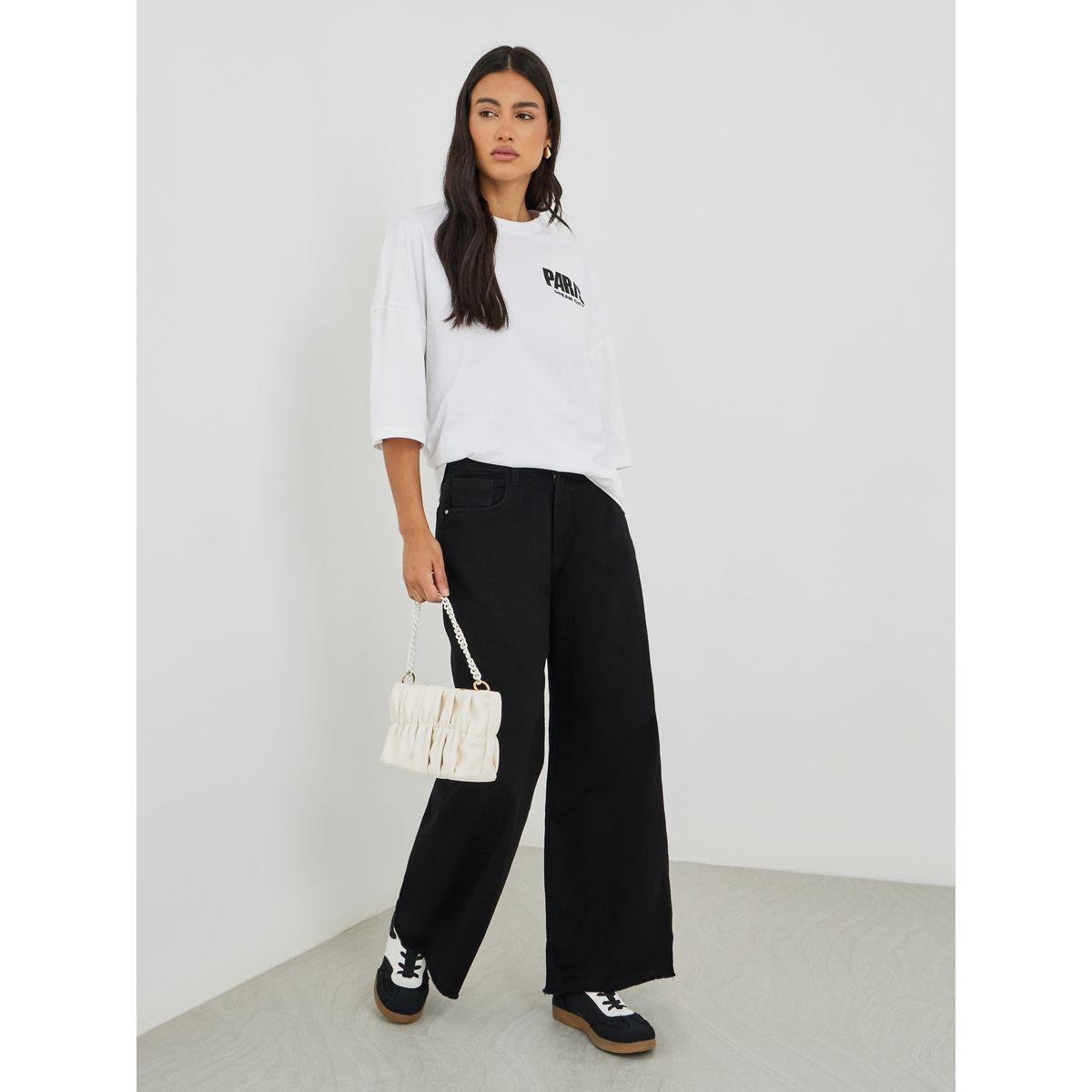 Styli Women Black Raw Edge Detail Wide Leg Jeans-women-clothing-bottoms-jeans-image-1