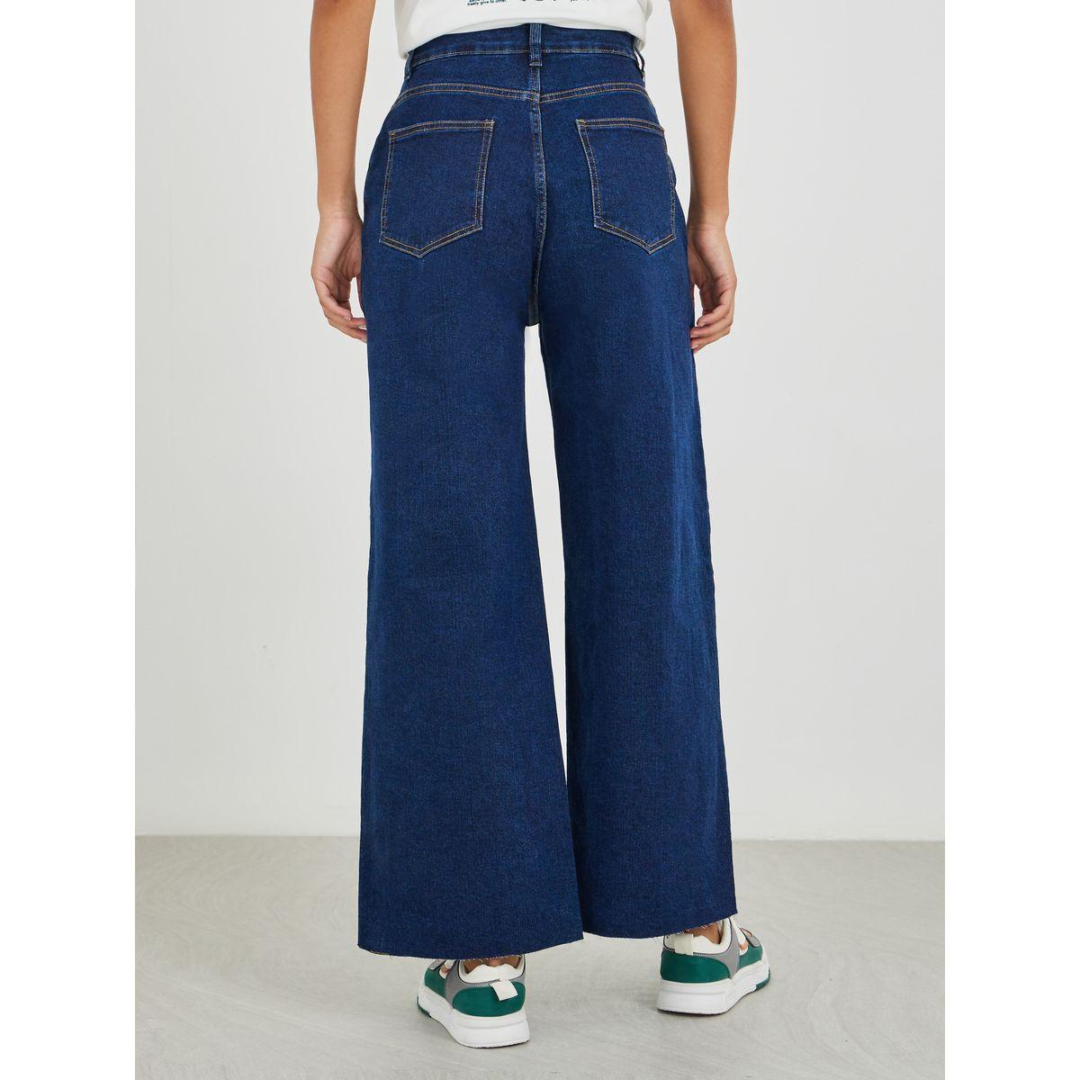 Styli Women Dark Blue Raw Edge Detail Wide Leg Jeans-women-clothing-bottoms-jeans-image-4