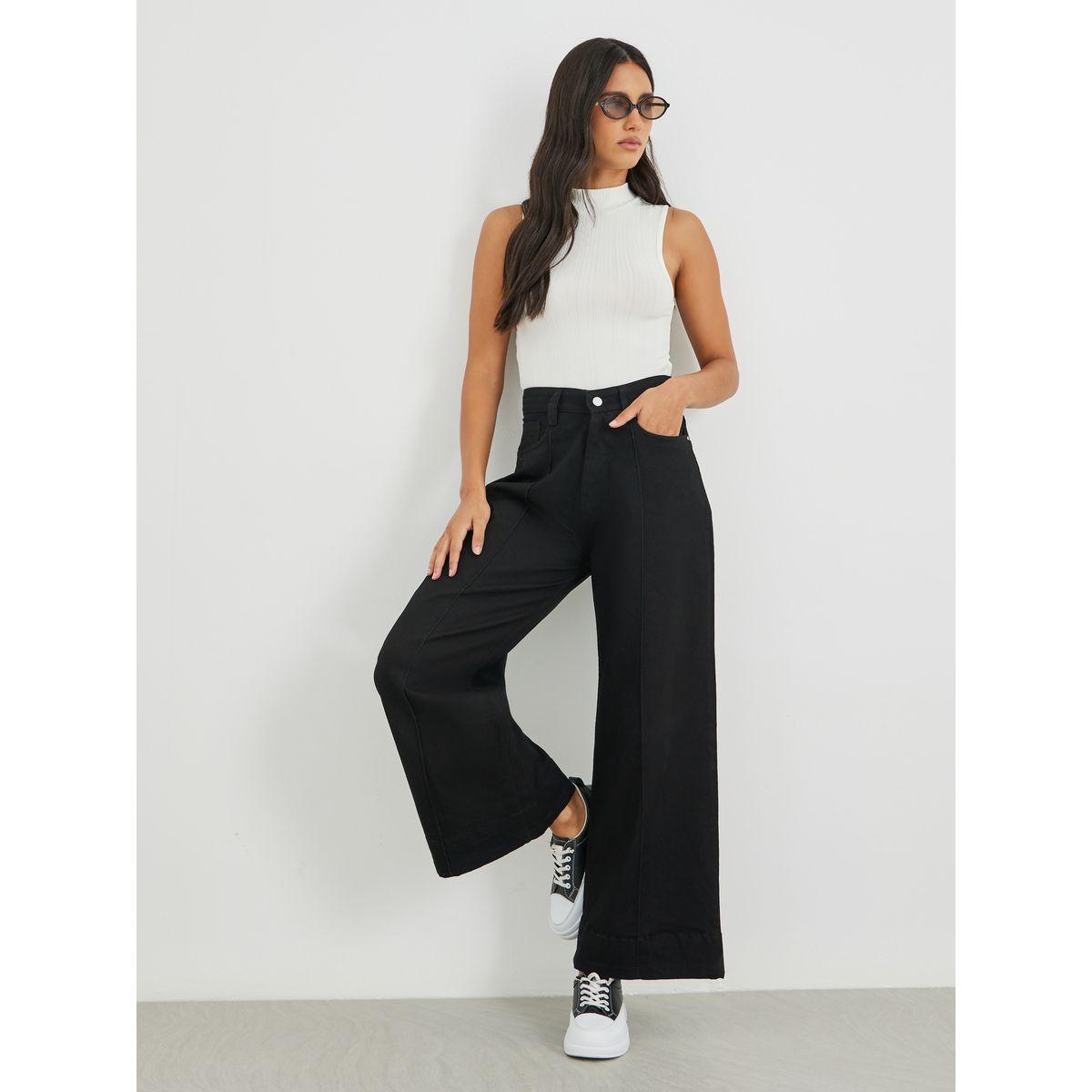 بنطال جينز سادة بأرجل واسعة وتفاصيل محزوزة-women-clothing-bottoms-jeans-image-1