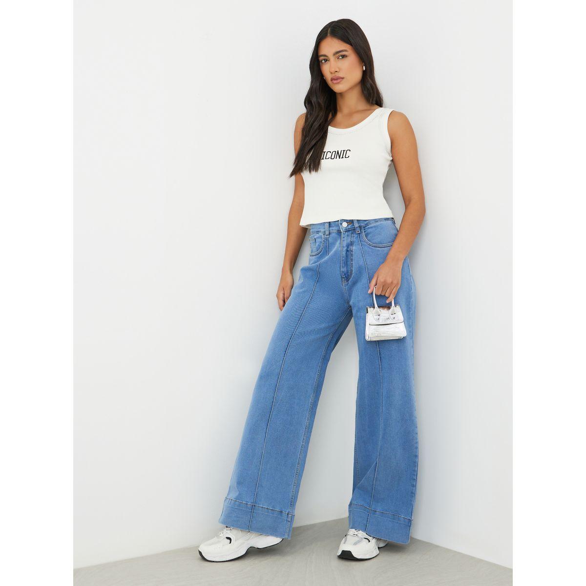 Styli Solid Wide Leg Jeans with Pintuck Detail-women-clothing-bottoms-jeans-image-1