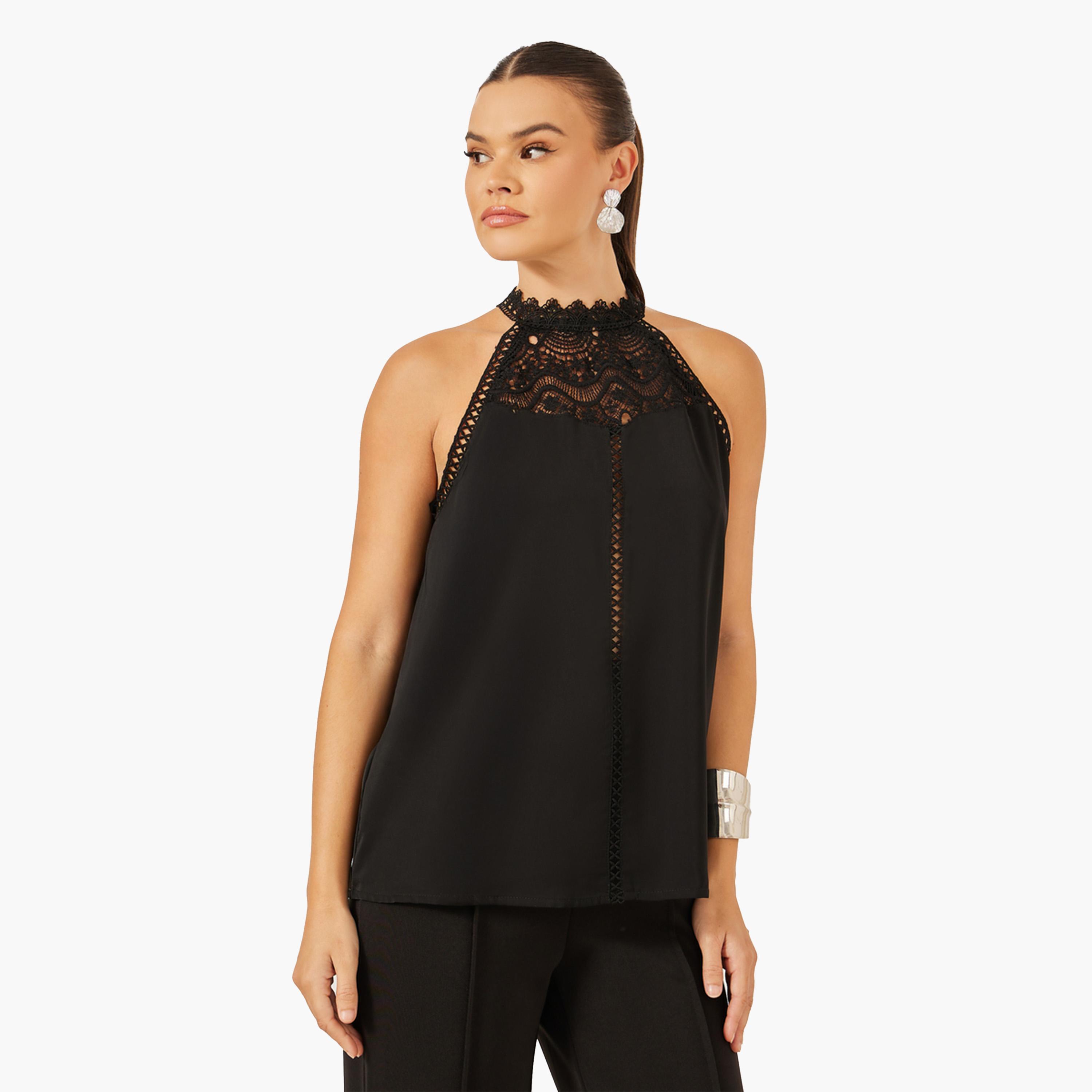 ستايلي-  بلوزة بدون أكمام بتفاصيل دانتيل باللون الأسود-women-clothing-shirtsandblouses-blouses-image-2