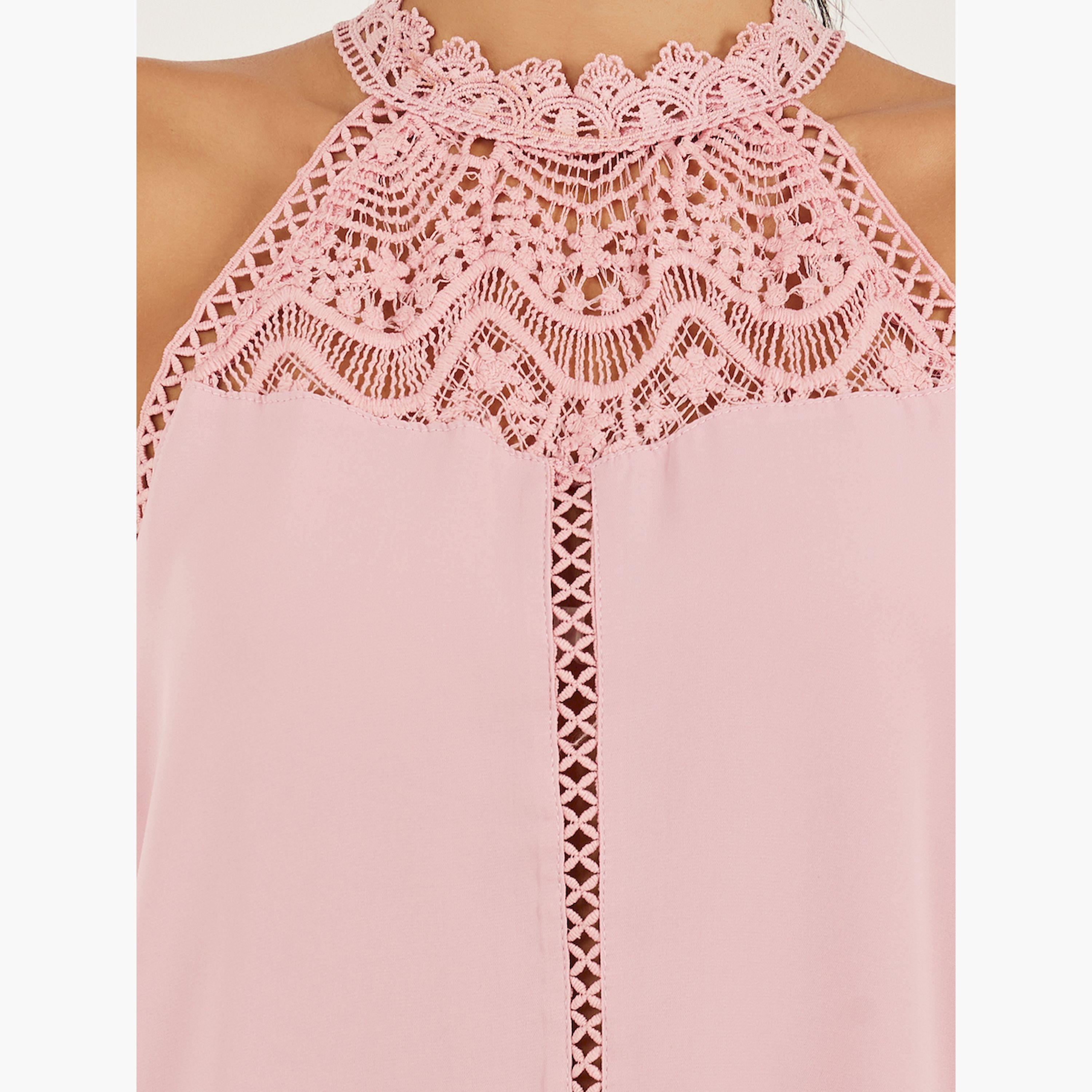 ستايلي - بلوزة عالية الرقبة بتفاصيل دانتيل-women-clothing-tshirts-image-4