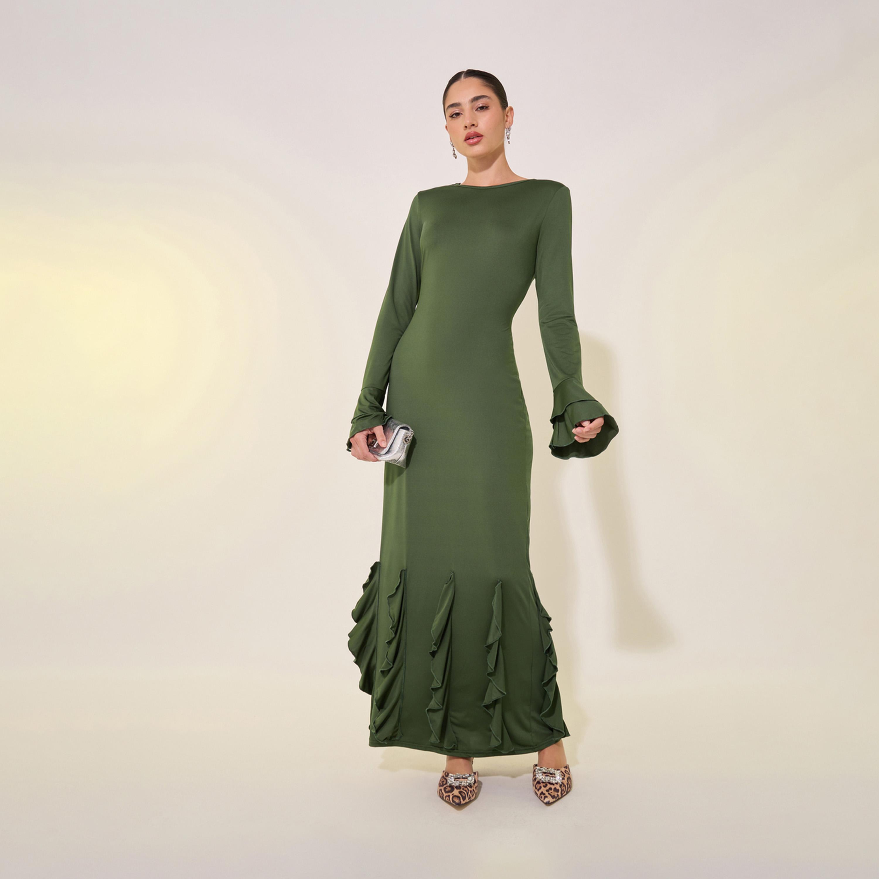 Take Two Solid Ruffle Detail Round Neck Maxi Dress-women-clothing-dresses-image-1