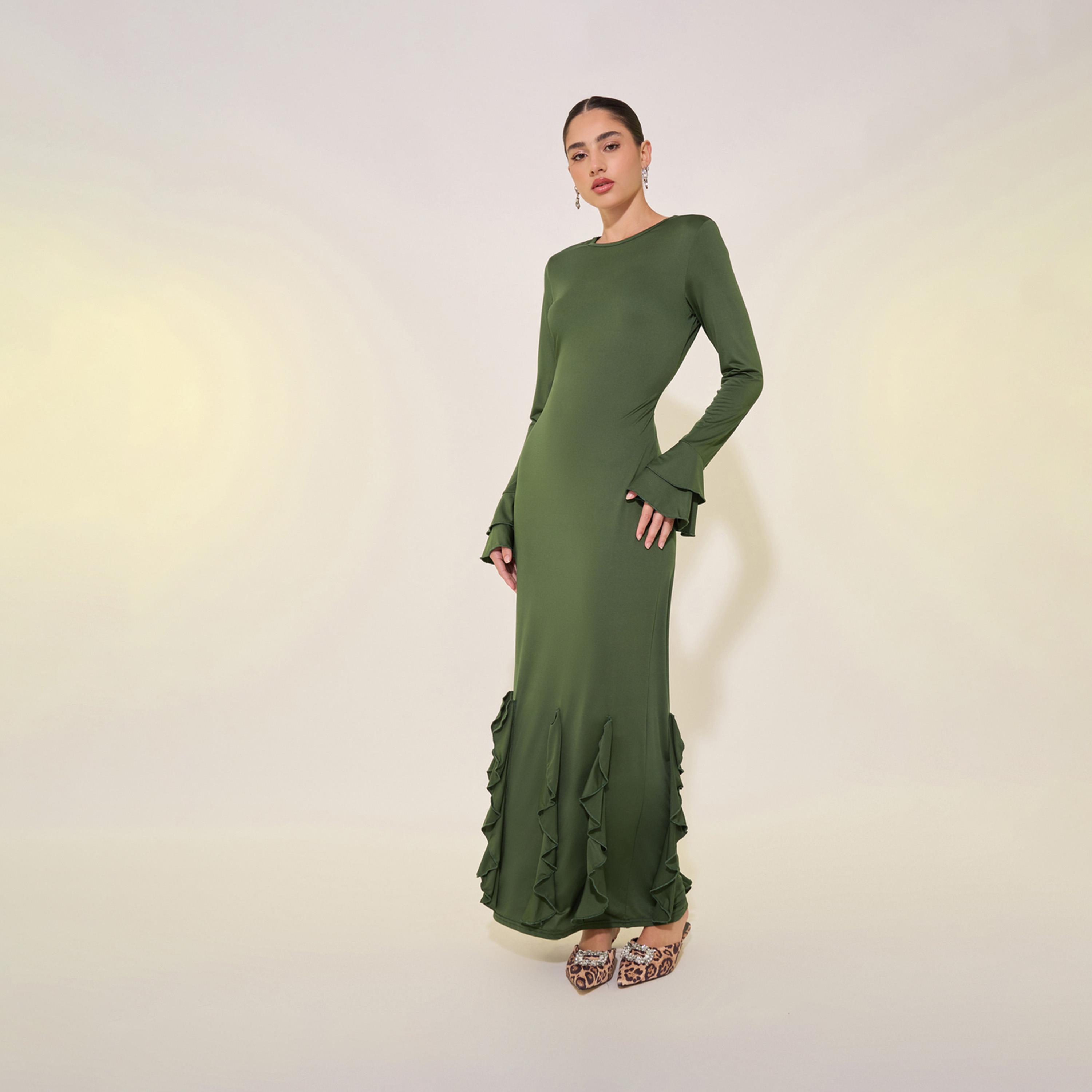 Take Two Solid Ruffle Detail Round Neck Maxi Dress-women-clothing-dresses-image-2