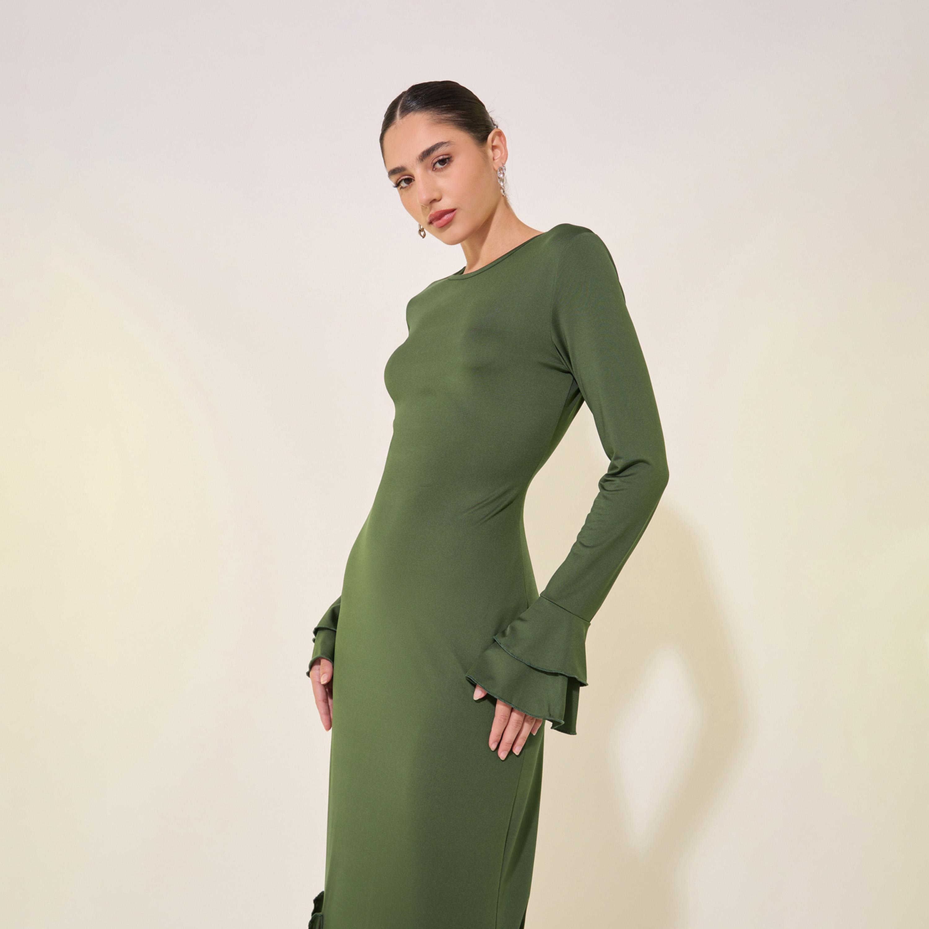 Take Two Solid Ruffle Detail Round Neck Maxi Dress-women-clothing-dresses-image-3