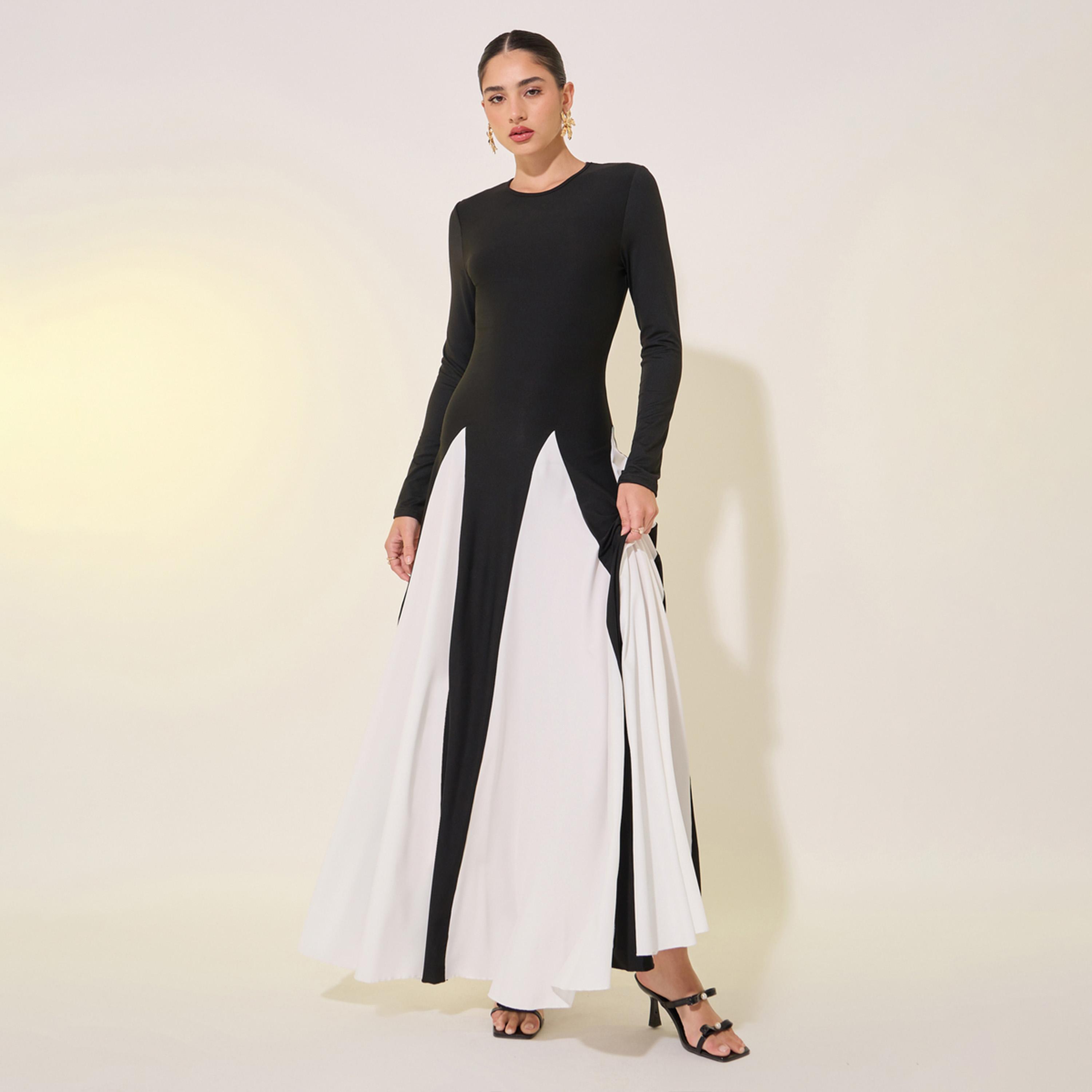 Take Two Contrast Pleated Round Neck Maxi Dress-women-clothing-dresses-image-1