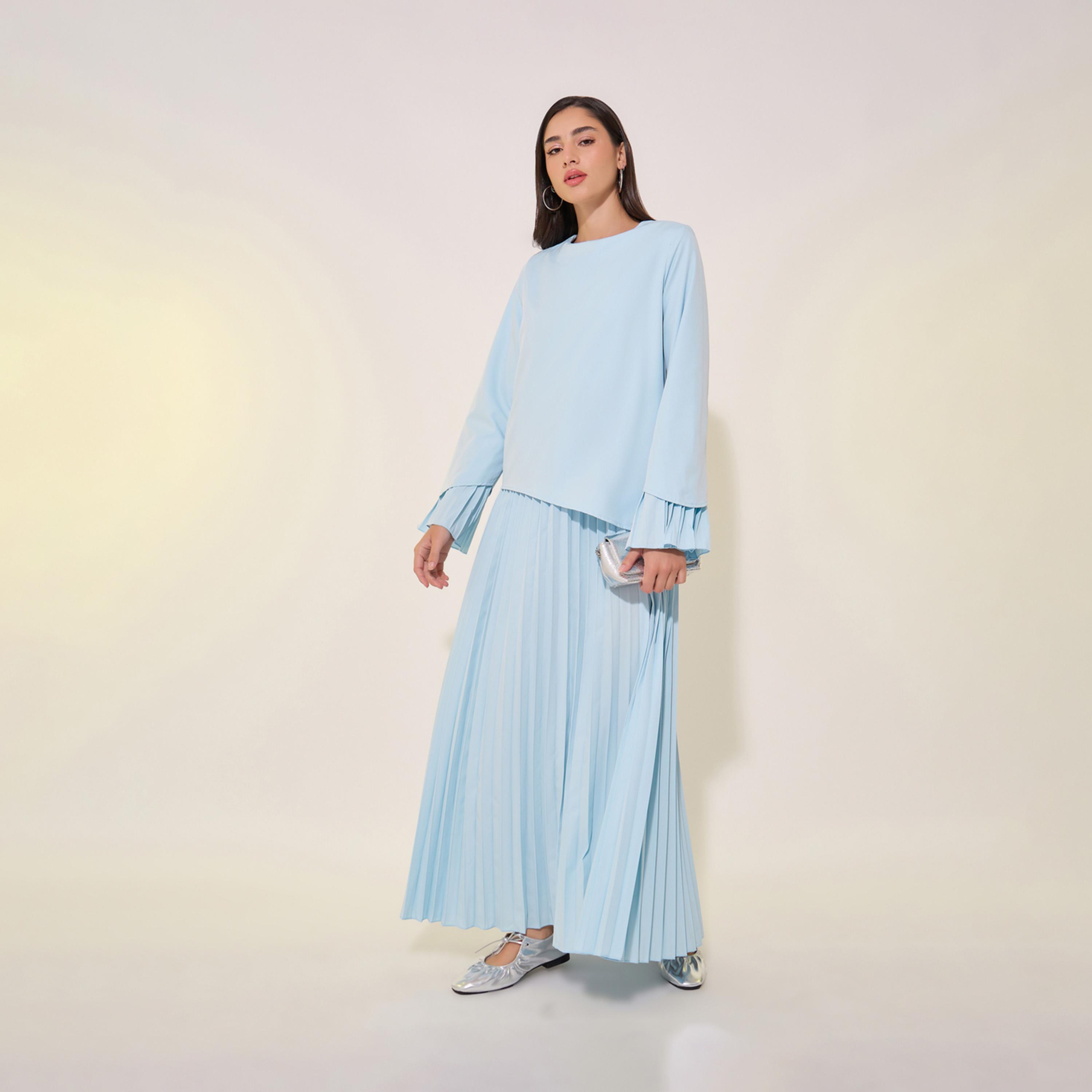تفاصيل طويل سادة بياقة دائرية وحافة واسعة-women-clothing-dresses-image-5