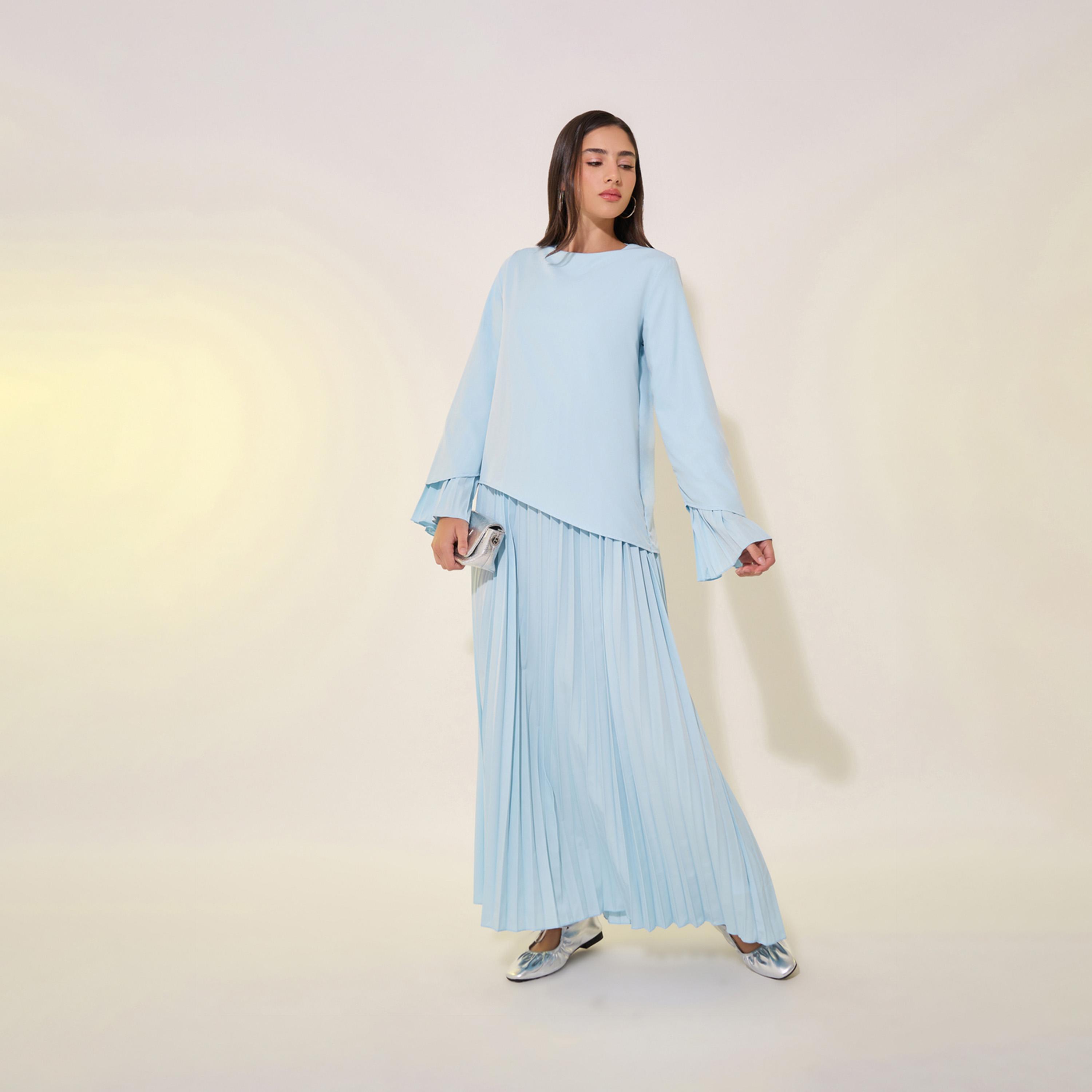 تفاصيل طويل سادة بياقة دائرية وحافة واسعة-women-clothing-dresses-image-4