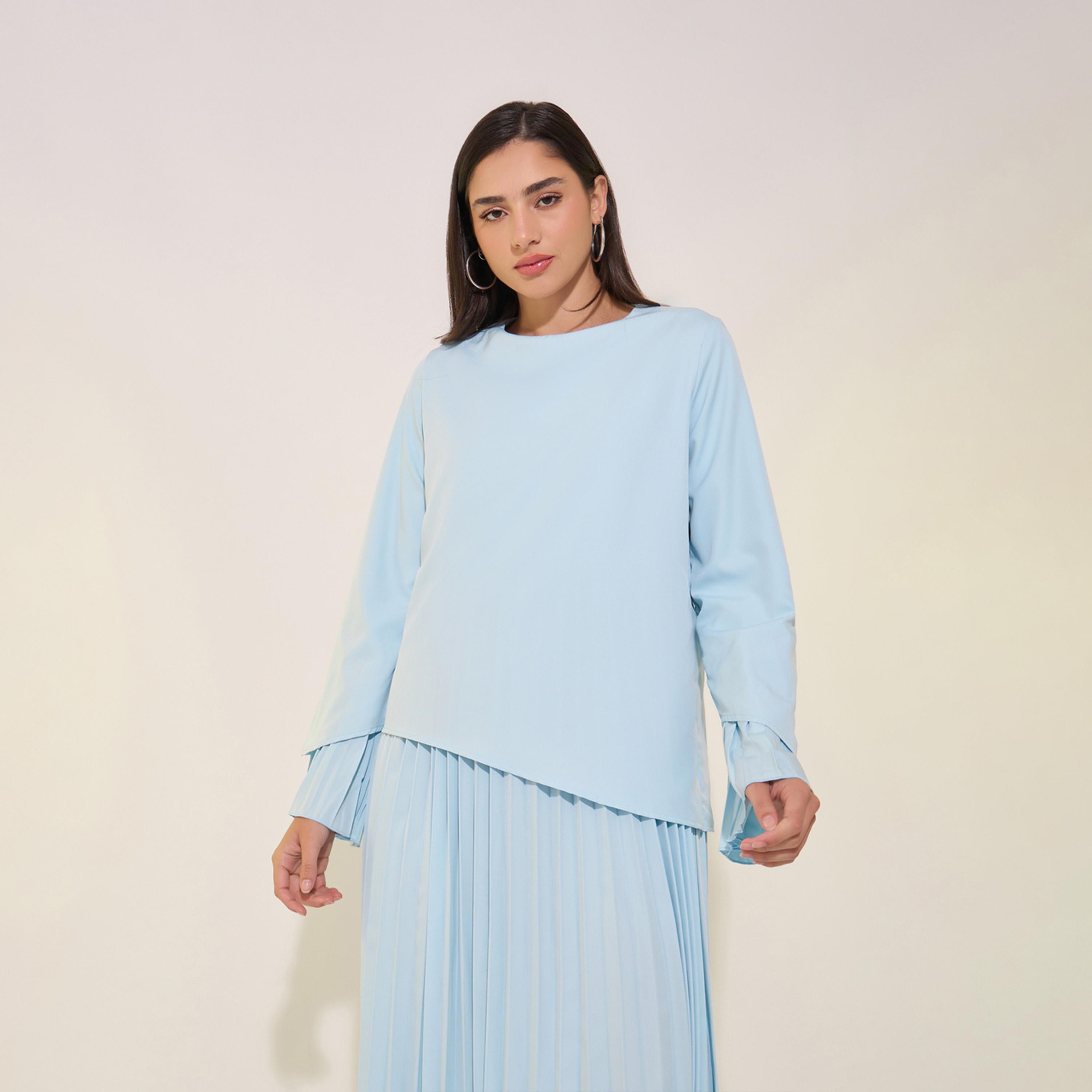تفاصيل طويل سادة بياقة دائرية وحافة واسعة-women-clothing-dresses-image-3
