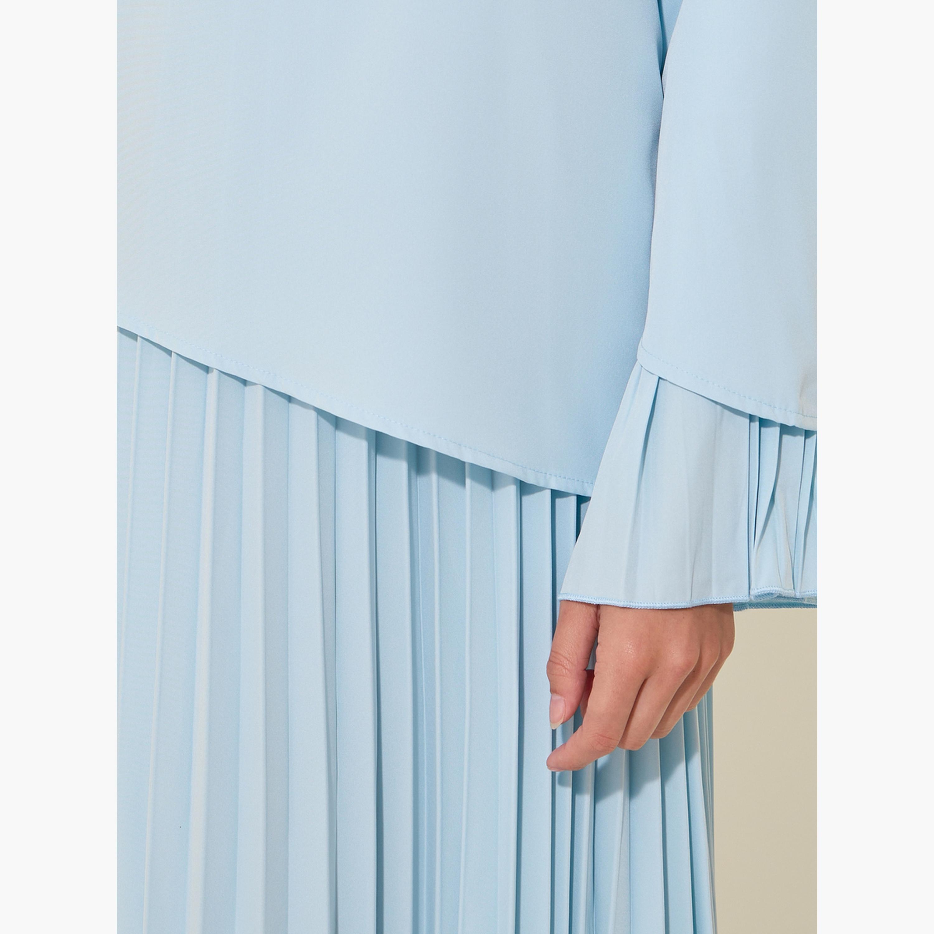 تفاصيل طويل سادة بياقة دائرية وحافة واسعة-women-clothing-dresses-image-2