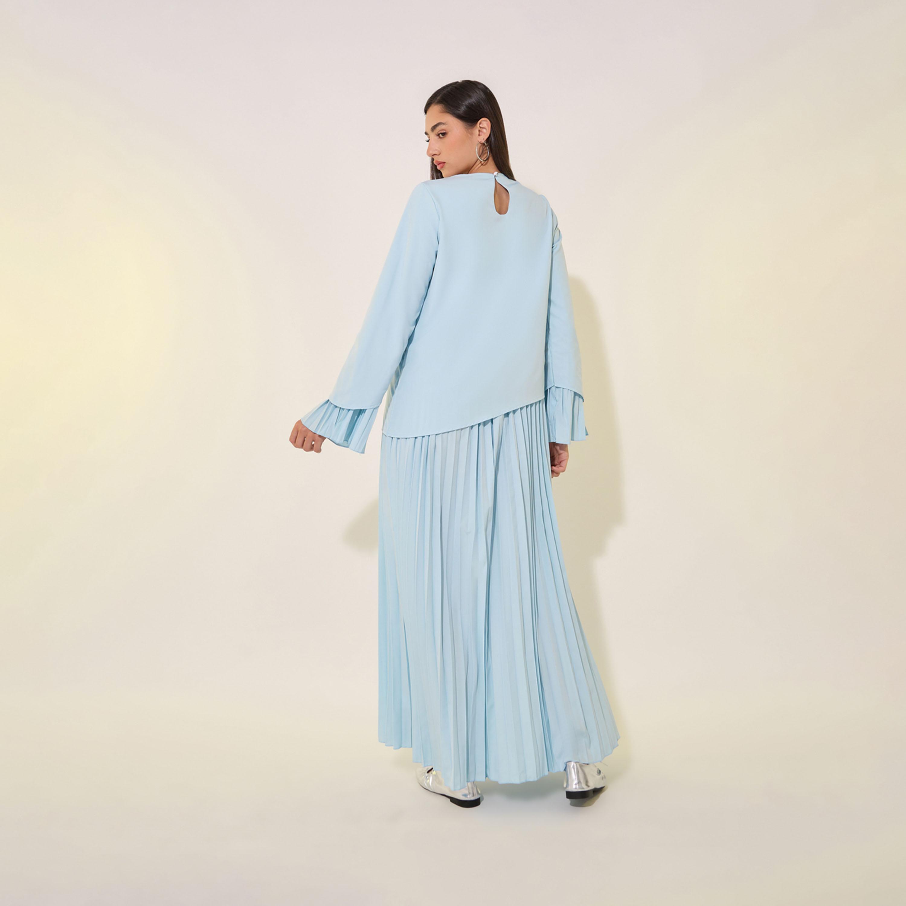 Take Two Solid Round Neck Pleated Hem Maxi Dress-women-clothing-dresses-image-5