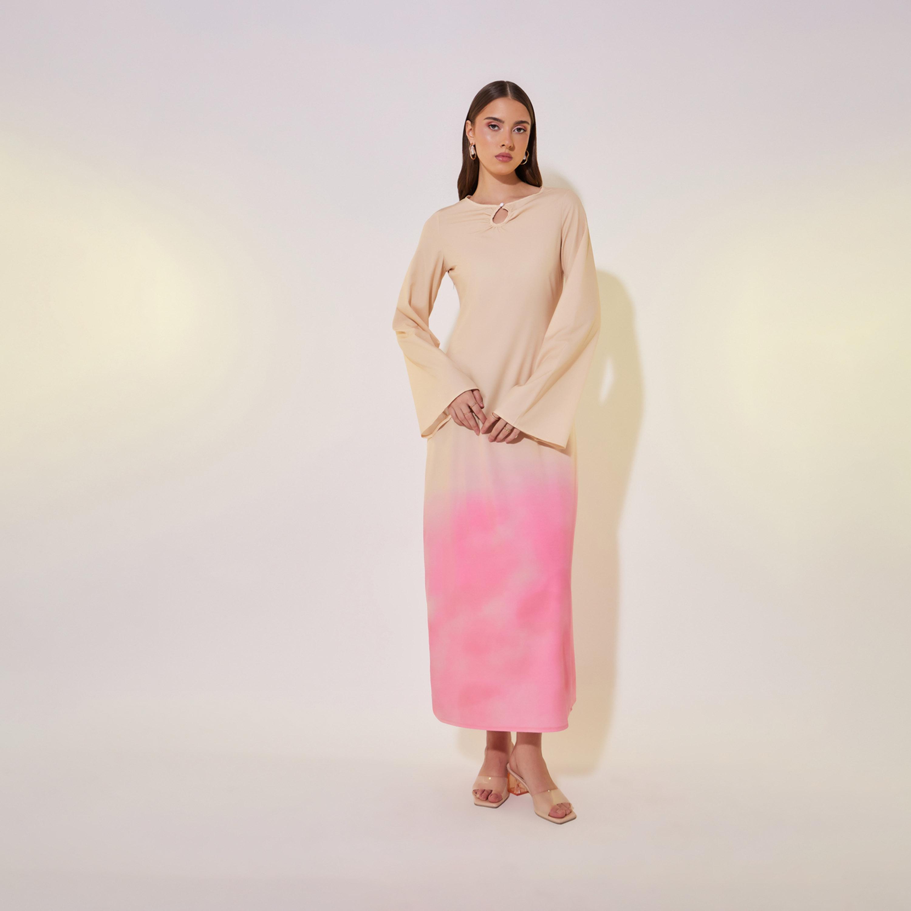 فستان طويل بحافة واسعة وطبعة أومبري-women-clothing-dresses-image-1
