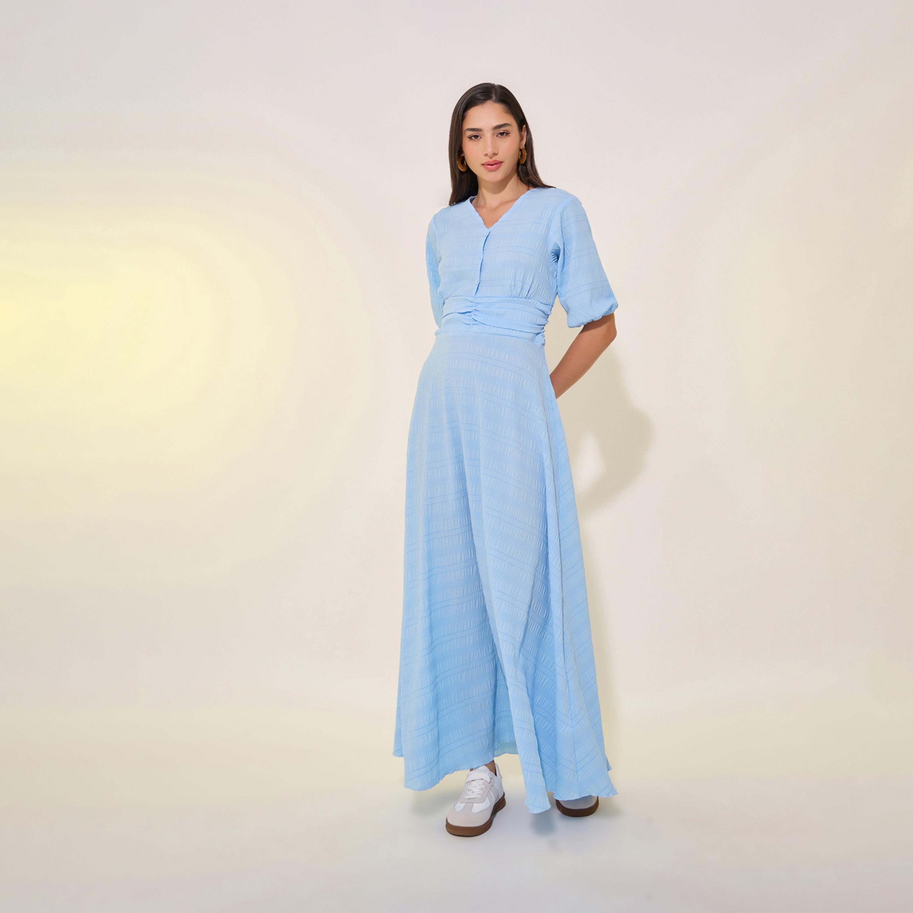 Take Two Textured V-Neck Puff Sleeve Maxi Dress-women-clothing-dresses-image-1