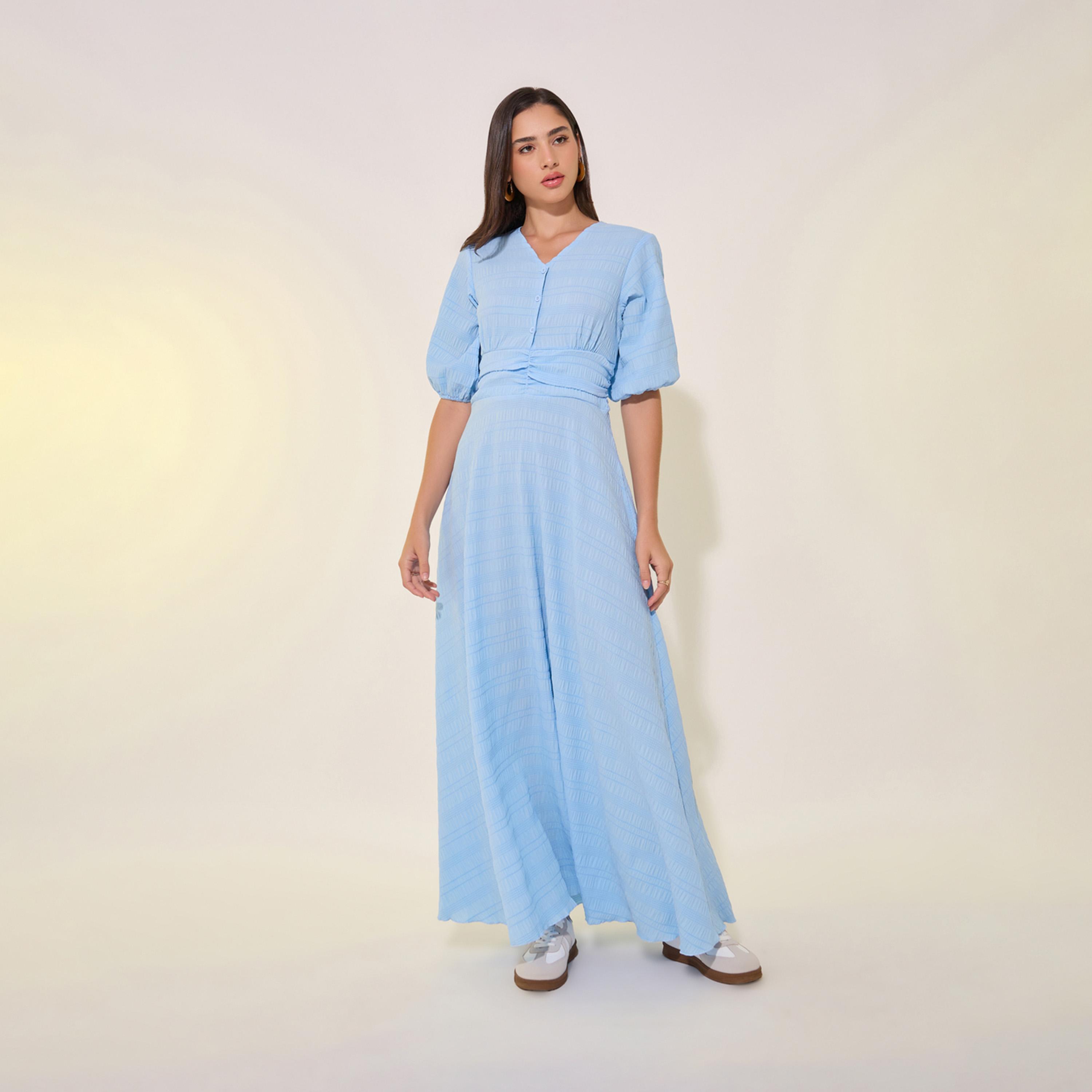 Take Two Textured V-Neck Puff Sleeve Maxi Dress-women-clothing-dresses-image-2