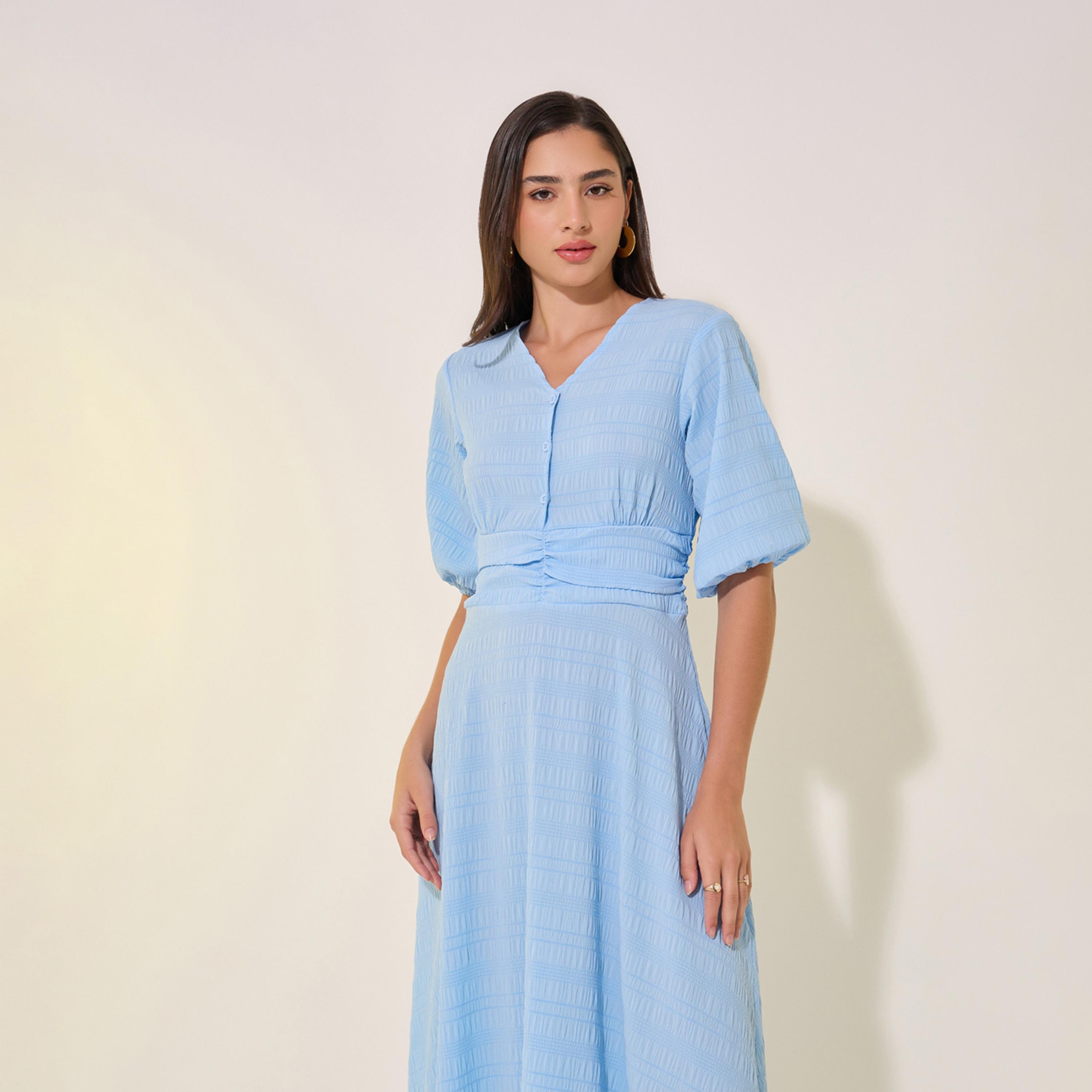 فستان طويل بتفاصيل بارزة الملمس مع أكمام منفوخة-women-clothing-dresses-image-3