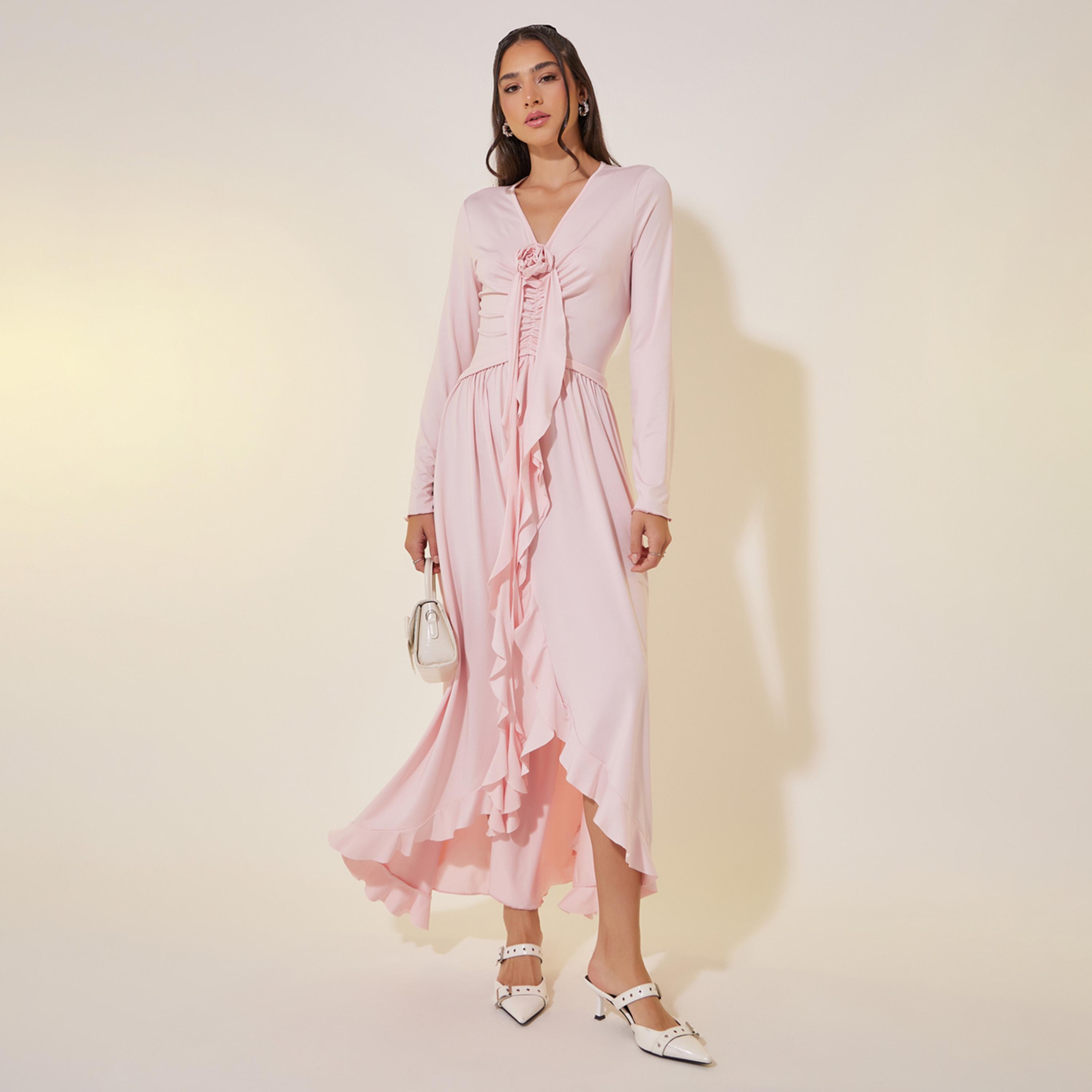 Take Two Solid Ruffled Hem V-Neck Maxi Dress-women-clothing-dresses-image-1