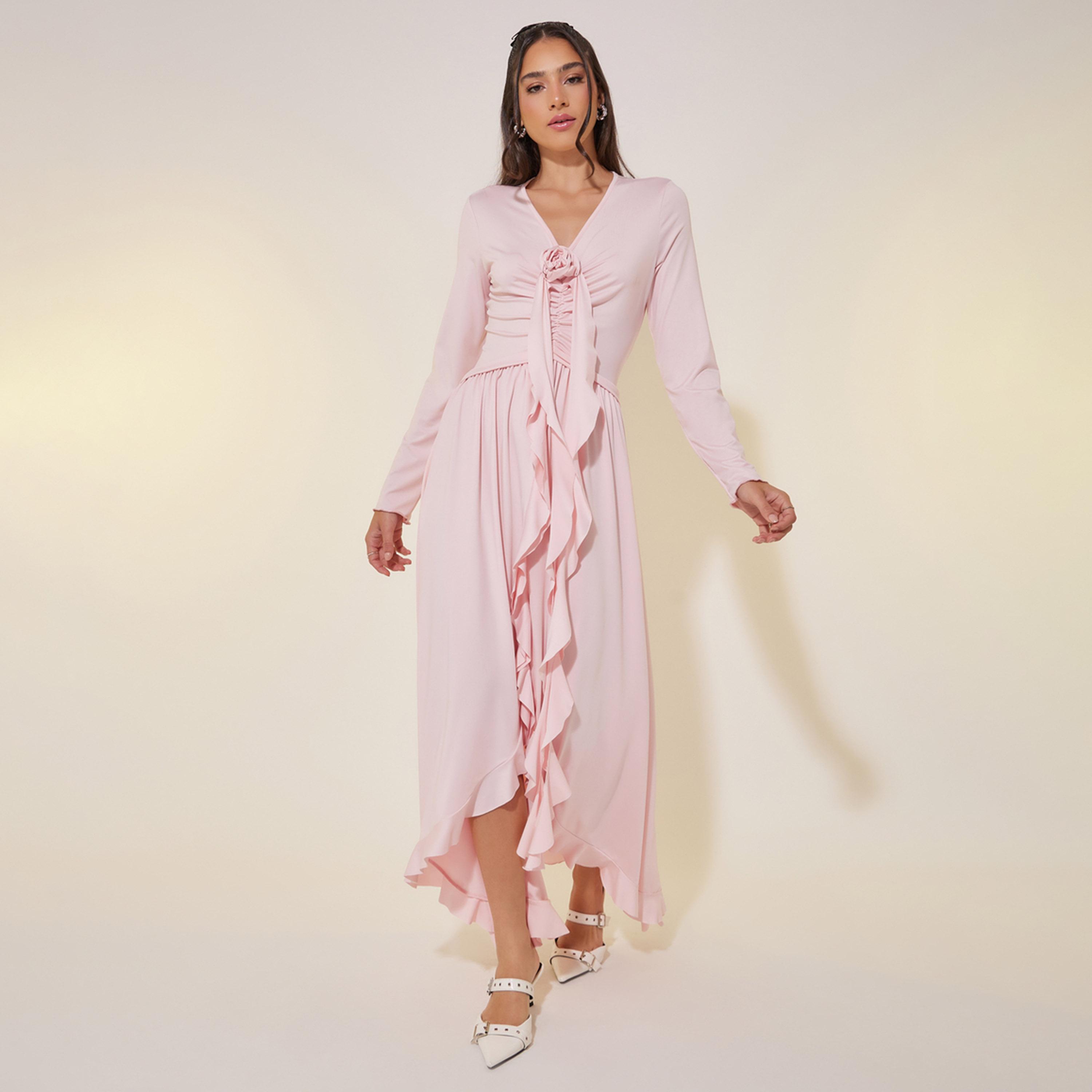 Take Two Solid Ruffled Hem V-Neck Maxi Dress-women-clothing-dresses-image-2